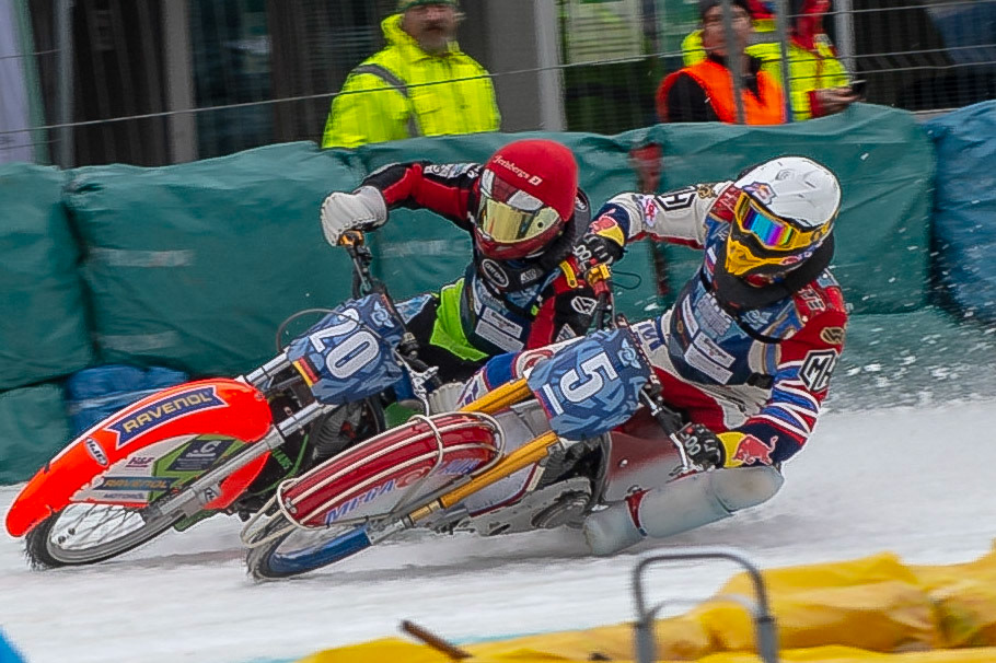 BERLIN GERMANY  - March 1  Daniil Ivanov (White) of Russia \forces his way past Johan Weber (Red) of Germany  during the Ice Speedway of Nations at the Horst-Dohm-Eisstadion, Berlin,  on Sunday 1 March 2020. (Credit: Ian Charles | MI News)