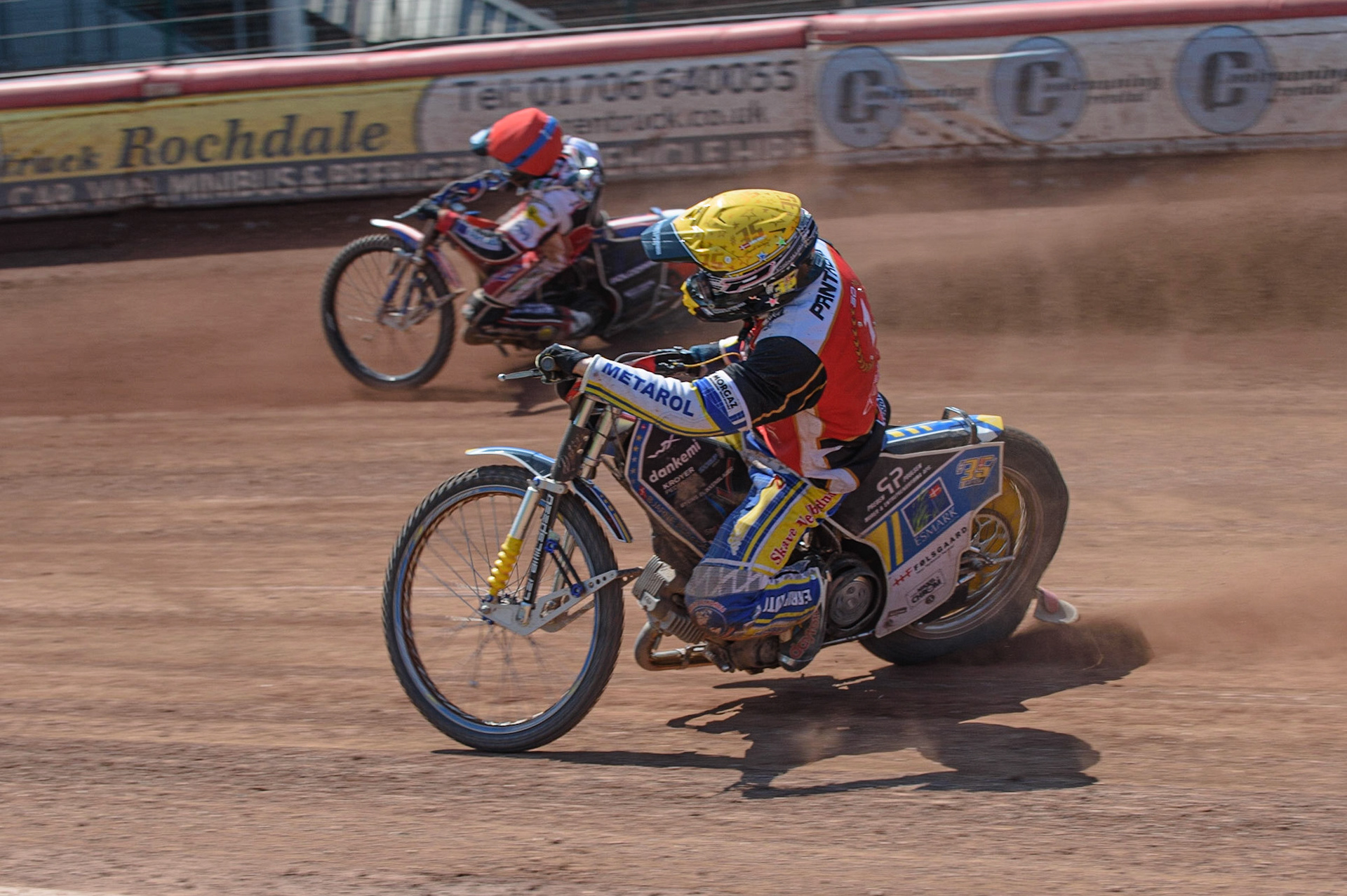 MANCHESTER, UK. MAY 31ST  Hans Andersen  (Yellow) inside Brady Kurtz  (Red) during the SGB Premiership match between Belle Vue Aces and Peterborough at the National Speedway Stadium, Manchester on Monday 31st May 2021. (Credit: Ian Charles | MI News)