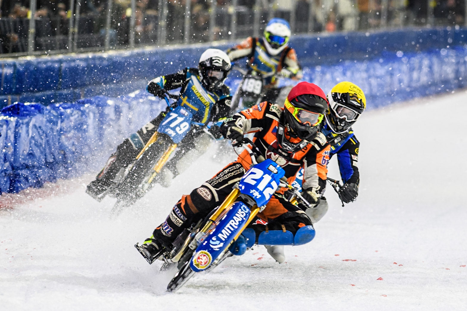Lukas Hutla (212) of the Czech Republic in Red leading Martin Haarahiltunen (199) of Sweden din Yellow 719\ in White and Reserve Melwin Björklin (18) of Sweden in Blue uring the FIM Ice Speedway Gladiators World Championship, Final 3 at the Ice Stadium, Thialf, Heerenveen on Saturday 5th April 2025. (Photo: Ian Charles | MI News)