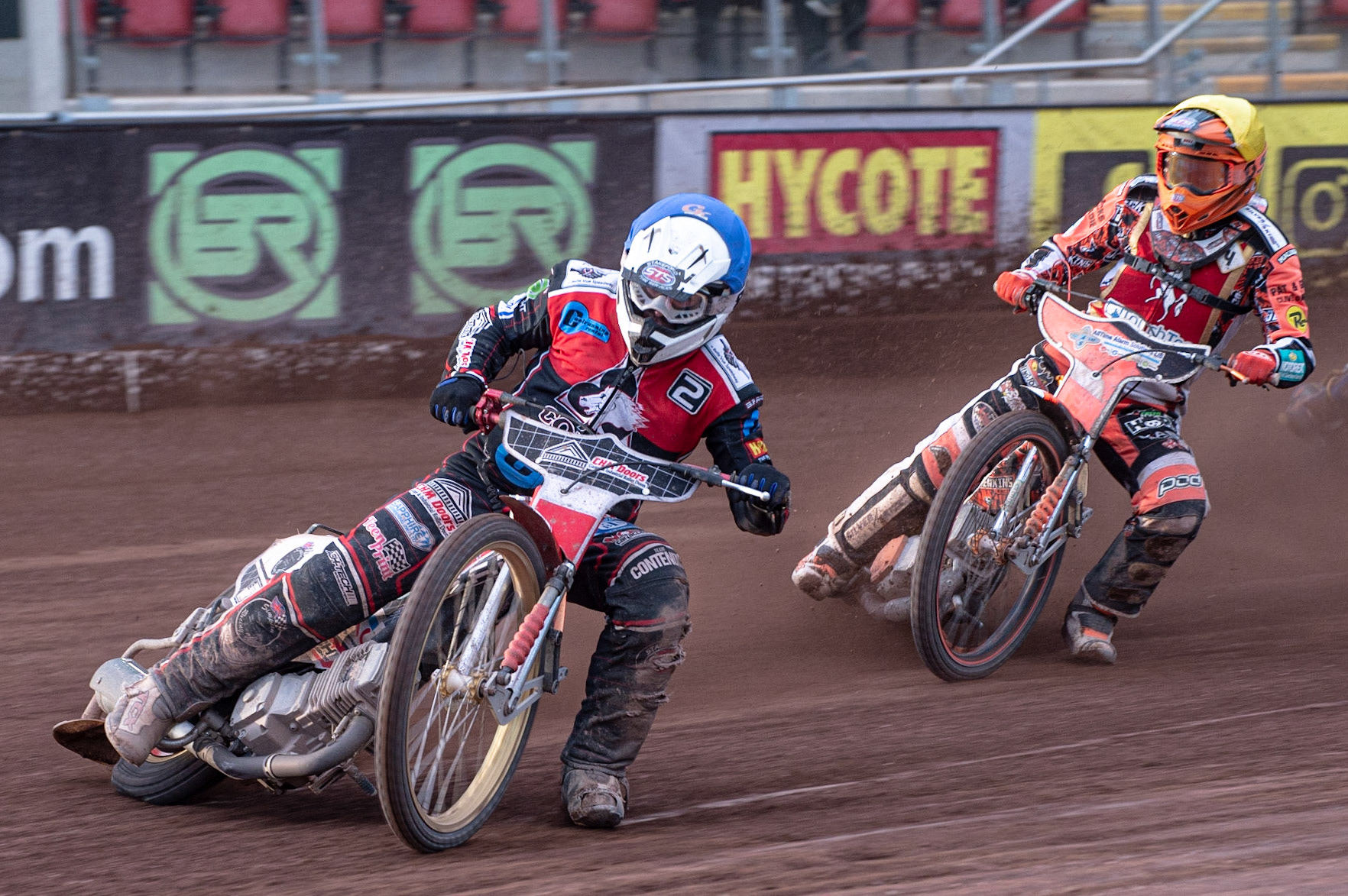 Photo: Ian Charles

Danny Phillips  (Blue) leads Jordan Jenkins  (Yellow)

Belle Vue Colts v Kent Kings, SGB National League KO Cup Quarter Final 1st Leg, Belle Vue National Speedway Stadium, Manchester, Thursday 20  June  2019