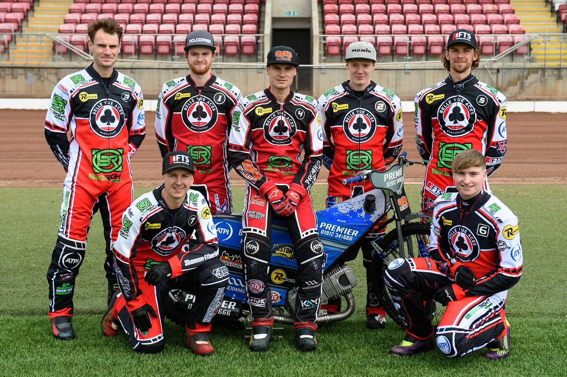 Photo: Ian CharlesBelle Vue Aces 2021:Rear (l-r): Richie Worrall, Brady Kurtz, Steve Worrall, Dan Bewley, Charles Wright.Kneeling: (l-r): Jye Etheridge, Tom Brennan Belle Vue Press &amp; Practice, , National Speedway Stadium, Manchester Thursday  13  May  2021