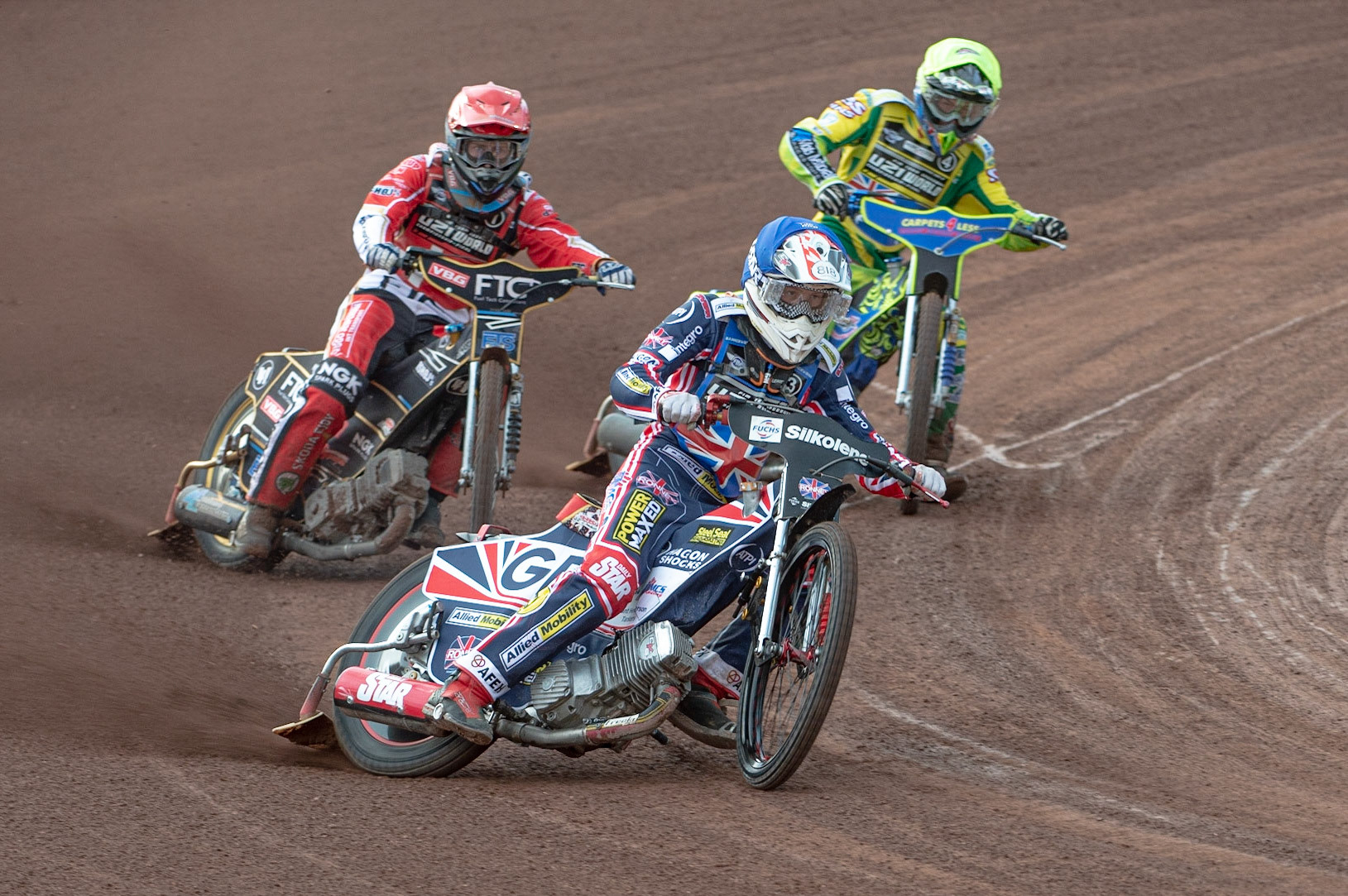 Photo: Ian Charles

Drew Kemp (Blue) leads Frederik Jacobsen (Red) and Kye Thomson (Yellow)

FIM Team Speedway U-21 World Championship, National Speedway Stadium, Manchester Friday 12 July  2019