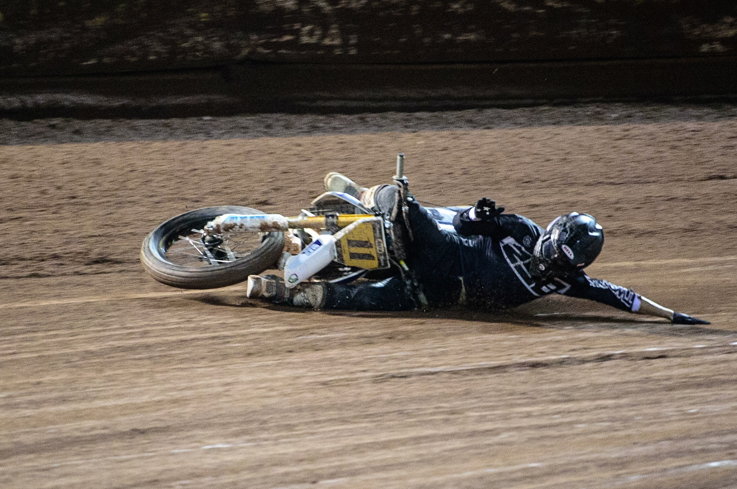 MANCHESTER, UK. OCT 30TH   Gary Birtwistle (11) falls during the Manchester Masters Sidecar Speedway and Flat Track Racing at the National Speedway Stadium, Manchester on Saturday 30th October 2021. (Credit: Ian Charles | MI News)
