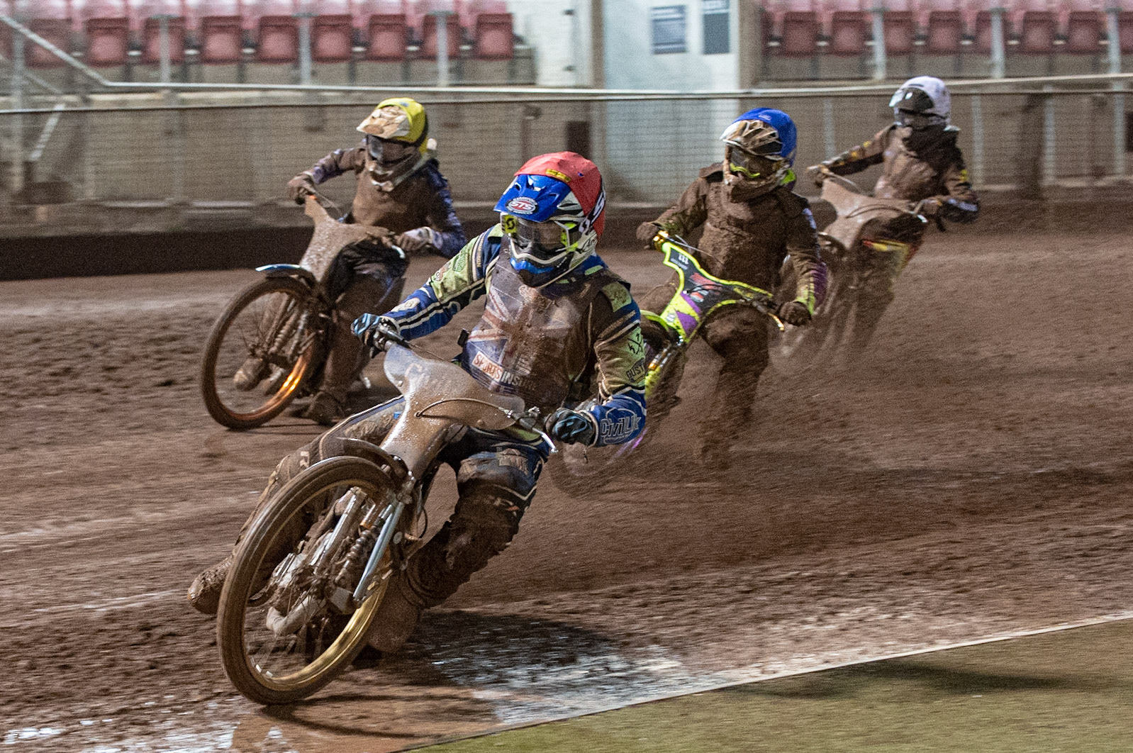 Photo: Ian CharlesRichie Worrall   (Red)  leads  Tom Brennan   (Blue)  Lewis Kerr  (Yellow) and Dan Thompson   (White) Sports Insure British Speedway Championship Final, National Speedway Stadium, Manchester Monday  28  September  2020
