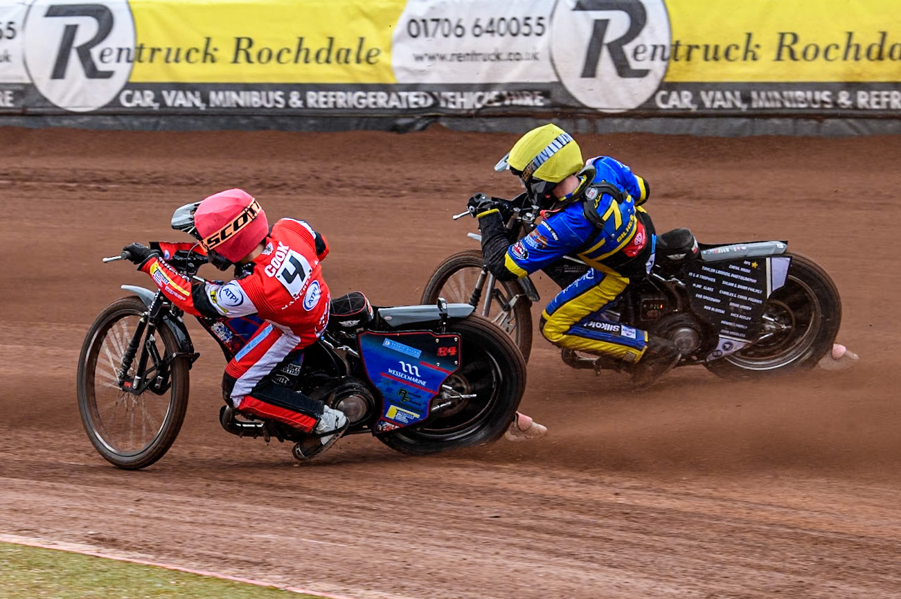 Belle Vue ATPI Aces Ben Cook (Red) inside Sheffield Tigers' Dan Gilkes (Yellow) during the Rowe Motor Oil Premiership KO Cup Quarter Final 1st Leg between Belle Vue Aces and Sheffield Tigers at the National Speedway Stadium, Manchester on Monday 1st April 2024. (Photo: Ian Charles | MI News)