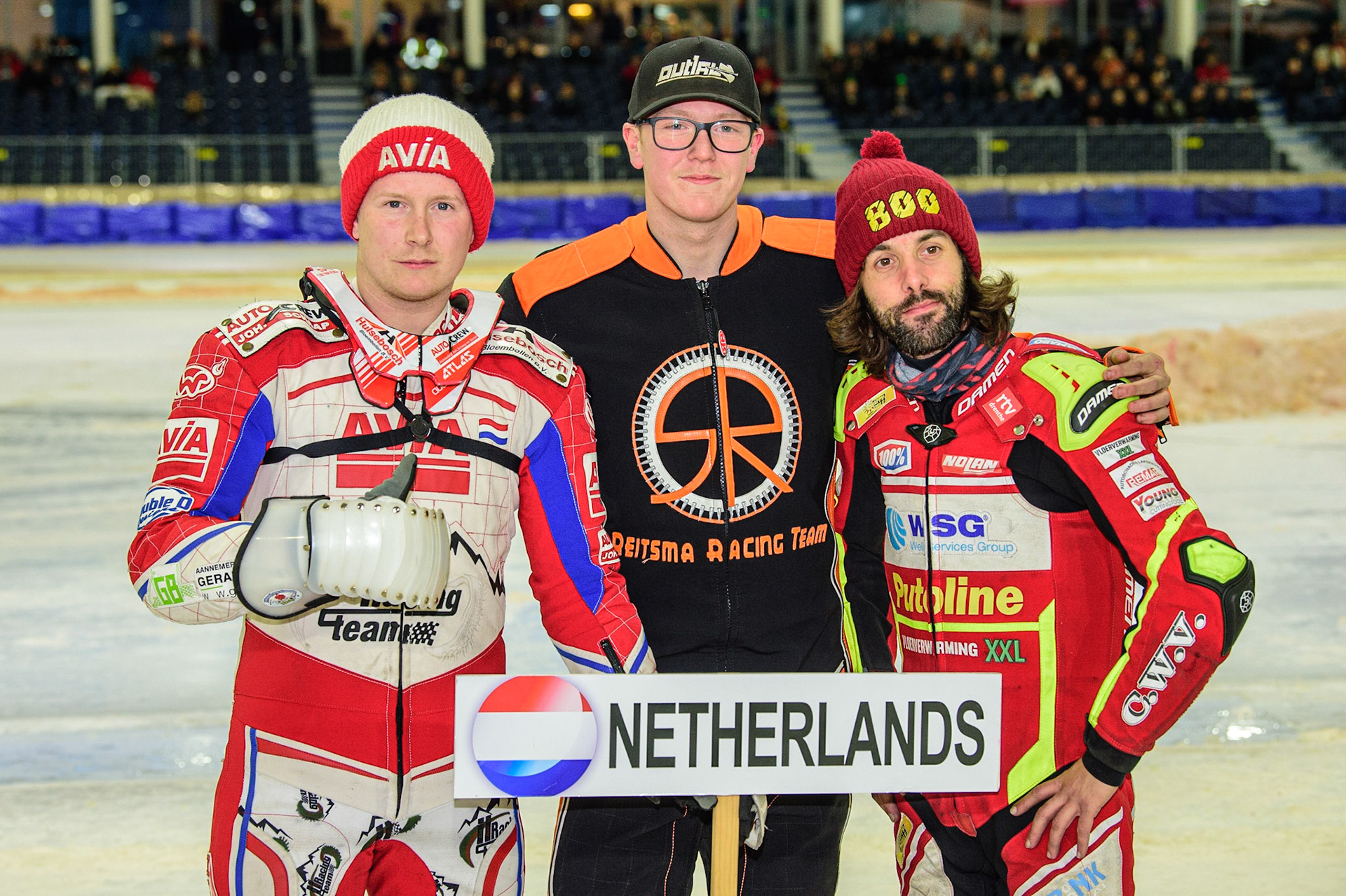 HEERENVEEN, NL. APR 1. The Netherlands riders (l-r) Niek Schaap, Sebastian Reitsma and Jasper Iwema  during the ROLOEF THIJS BOKAAL  at Ice Rink Thialf, Heerenveen on Friday 1st April 2022. (Credit: Ian Charles | MI News)