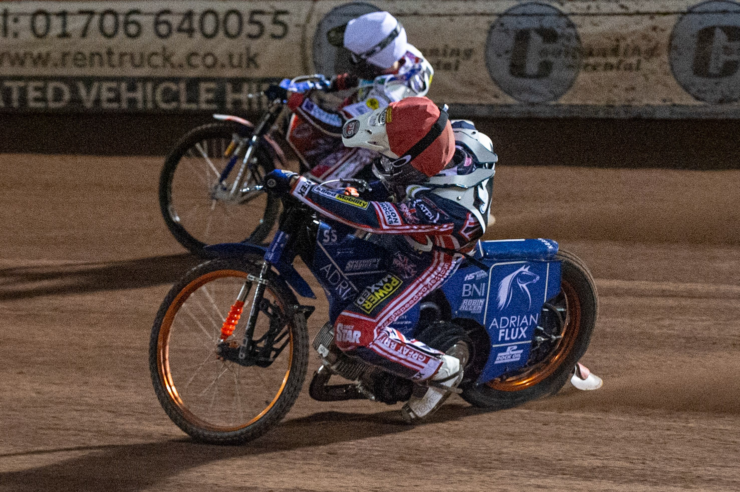 Photo: Ian CharlesLewis Kerr (Red) inside Brady Kurtz (White)Peter Craven Memorial Trophy, National Speedway Stadium, Manchester Thursday  22  October  2020