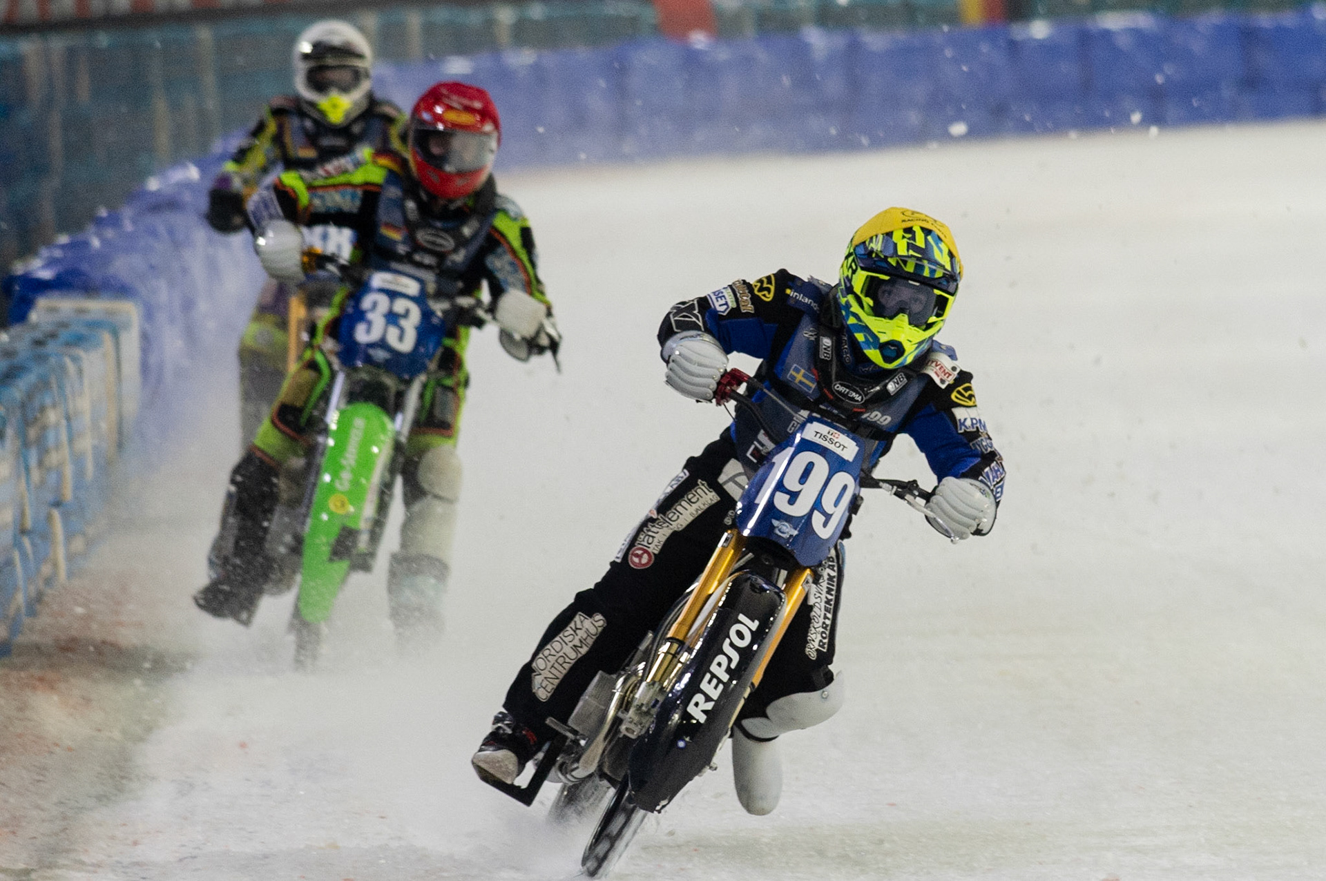 Photo: Ian Charles

Martin Haarahiltunen (199) leads Johann Weber (33) and Max Niedermaier (88)

FIM Ice Speedway Gladiators World Championship, Event 5.1, Ice Rink Thialf, Heerenveen, Netherlands Saturday  30  March  2019