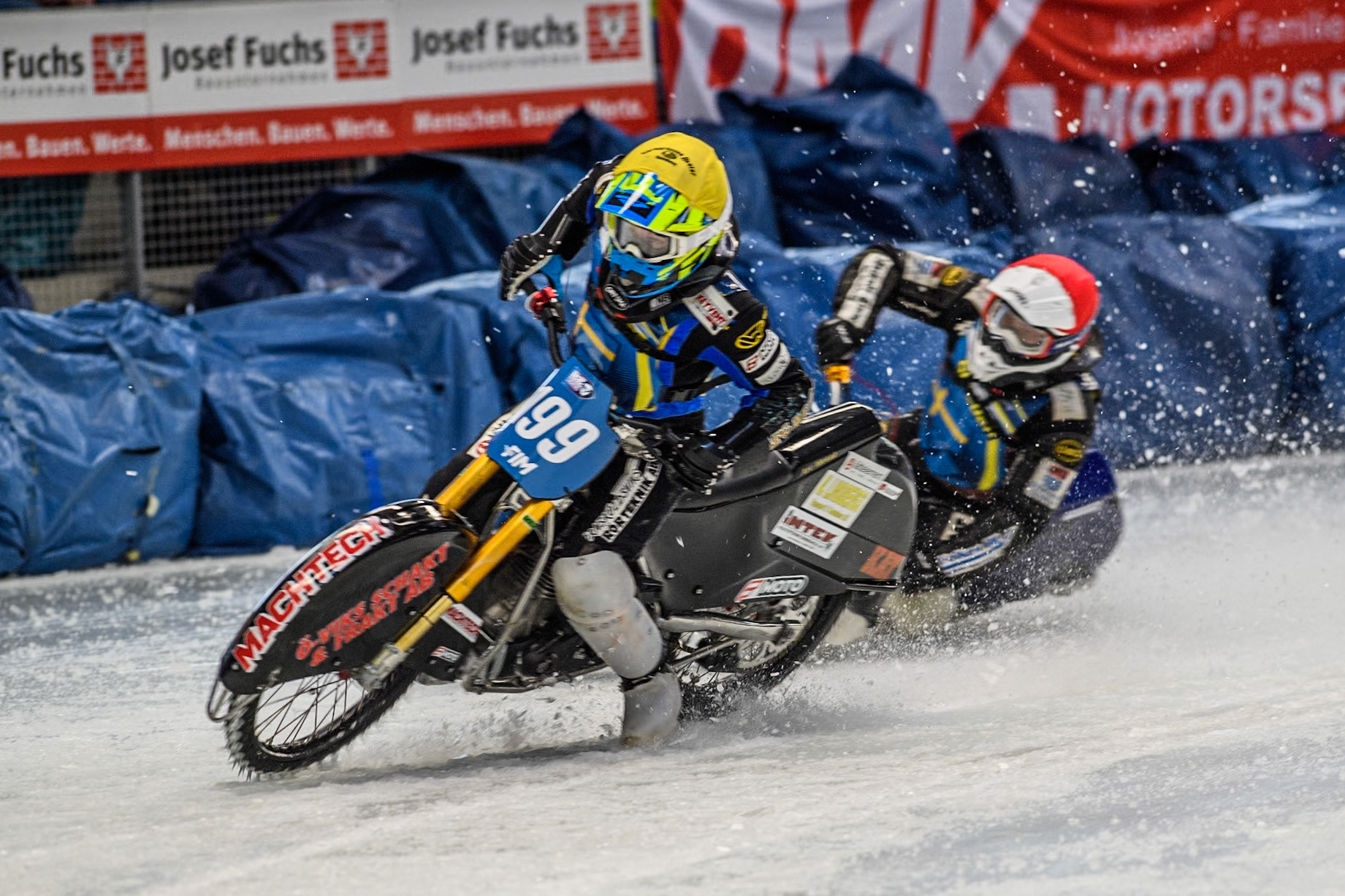 Sweden's Martin Haarahiltunen (199)  gets into difficulty and manages to correct it during the FIM Ice Speedway Gladiators World Championship Final 2 at the Max-Aicher-Arena, Inzell on Sunday 24 March 2024. (Photo: Ian Charles | MI News)