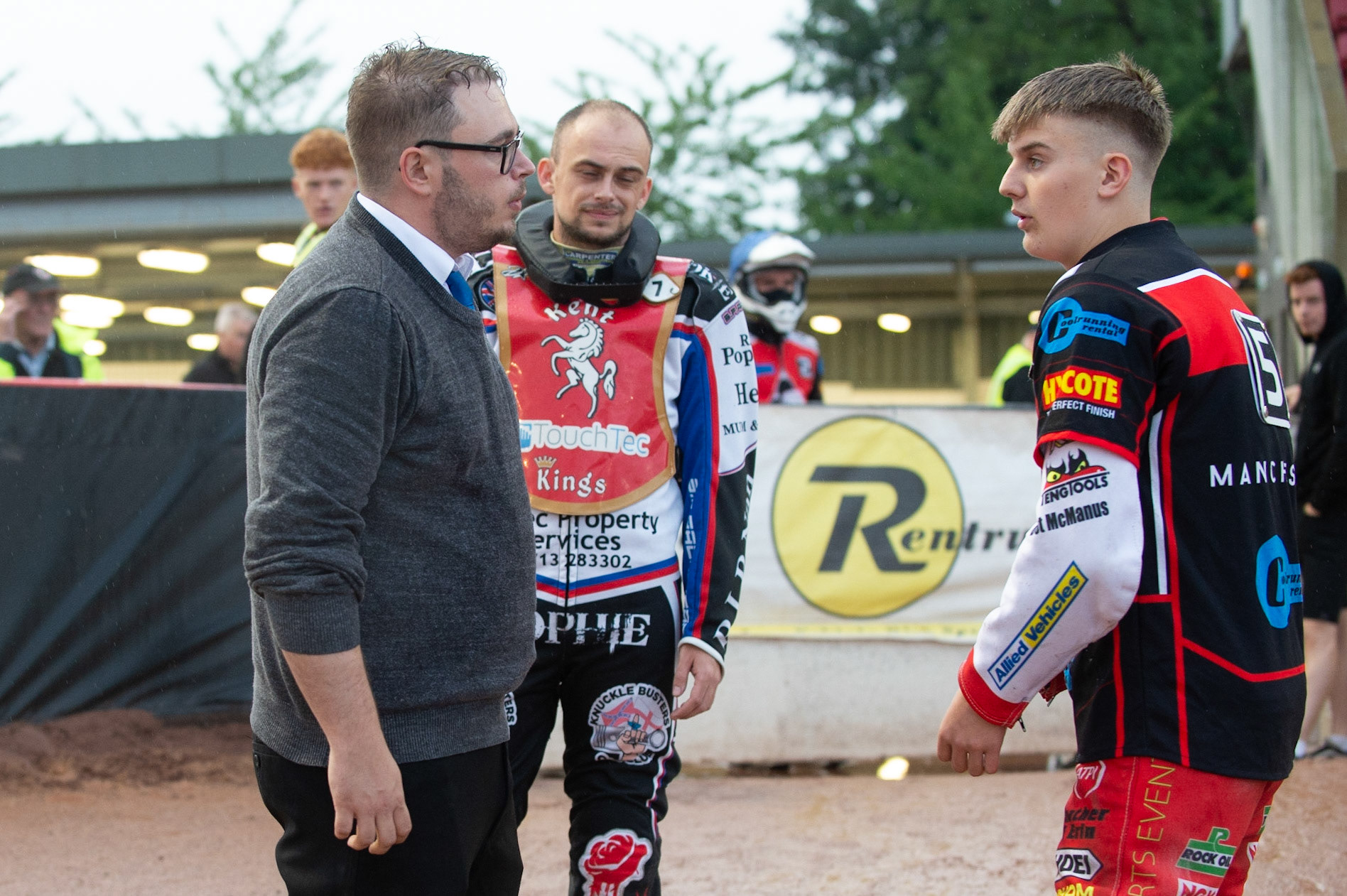 Photo: Ian Charles

Leon Flint  (right) chats with Referee Seth Perkins 

Belle Vue Colts v Kent Kings, SGB National League, Belle Vue National Speedway Stadium, Manchester, Thursday 1  August  2019