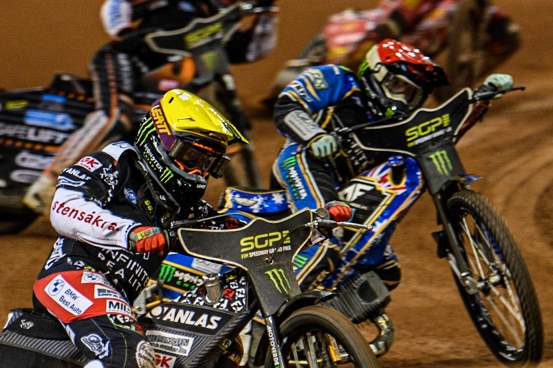 Freddie Lindgren (66) (Yellow) leads  Jack Holder (25) (Red) during the FIM Speedway Grand Prix of Great Britain at the Principality Stadium, Cardiff on Saturday 2nd September 2023. (Photo: Ian Charles | MI News)