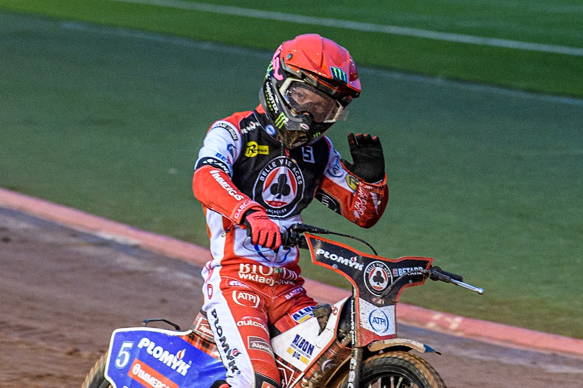 Belle Vue Aces' Dan Bewley acknowledges the fans after his heat win during the Rowe Motor Oil Premiership match between Belle Vue Aces and Ipswich Witches at the National Speedway Stadium, Manchester on Monday 22nd April 2024. (Photo: Ian Charles | MI News)