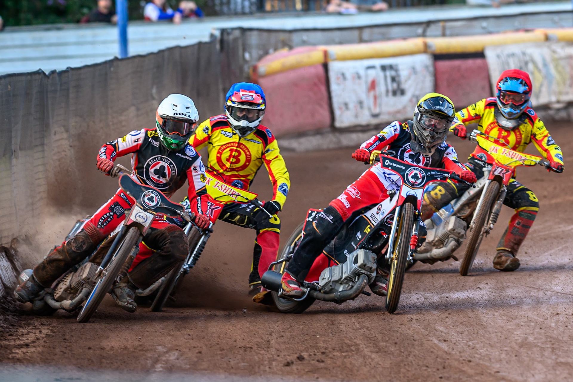Belle Vue Aces' Brady Kurtz in White and Belle Vue Aces' Norick Blodorn   in Yellow leading Birmingham Brummies' Keynan Rew in Blue and Birmingham Brummies' Jonas Jeppesen  in Red during the Rowe Motor Oil Premiership match between Birmingham Brummies and Belle Vue Aces at Perry Barr Stadium, Birmingham on Monday 28th July 2025. (Photo: Ian Charles | MI News)