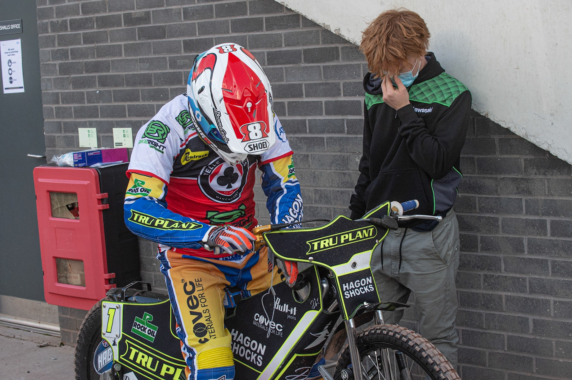 Photo: Ian CharlesJason Crump of Belle Vue 'BikeRight' Aces  waits to practiceBelle Vue ‘Bikerite ’Aces v ‘ATPI’ All Stars, Premiership Challenge, National Speedway Stadium, Manchester Thursday  24  September  2020