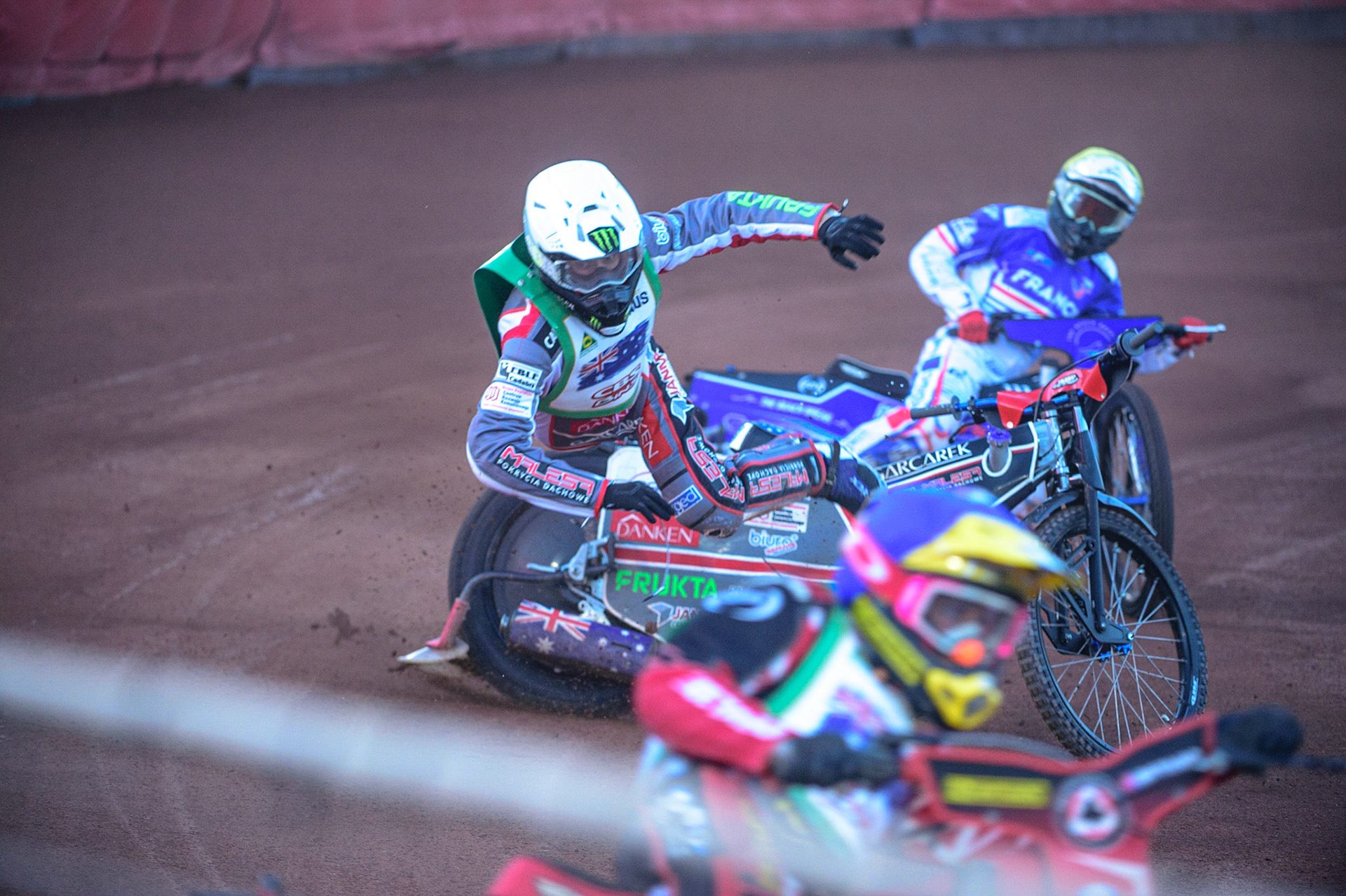 Chris Holder (Australia) (White) starts to spin in front of Max Fricke (Australia) (Red) as David Bellego (France) (Yellow) is given no place to go during the FIM Speedway Grand Prix Challenge at the Peugeot Ashfield Stadium, Glasgow on Saturday 20th August 2022. (Credit: Ian Charles | MI News)