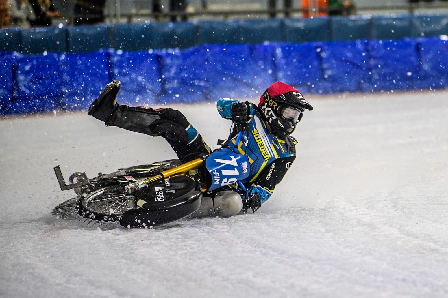 Filip Jäger (719) of Sweden in Red loses control of his bike in the re-run of Heat 17 during the FIM Ice Speedway Gladiators World Championship, Final 4 at the Ice Stadium, Thialf, Heerenveen on Sunday 6th April 2025. (Photo: Ian Charles | MI News)