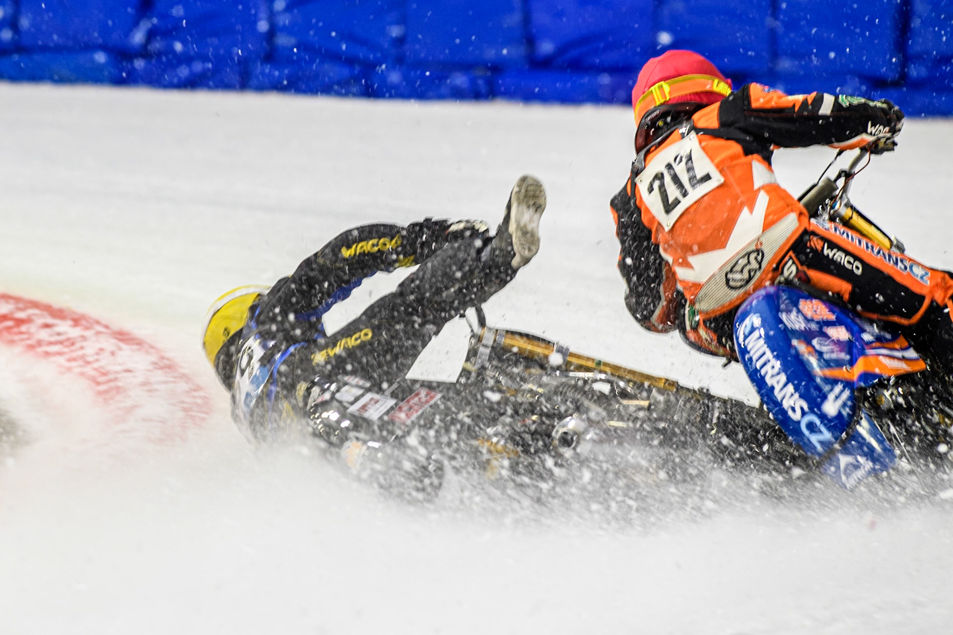 Martin Haarahiltunen (199) of Sweden loses control of his bike during the FIM Ice Speedway Gladiators World Championship, Final 3 at the Ice Stadium, Thialf, Heerenveen on Saturday 5th April 2025. (Photo: Ian Charles | MI News)
