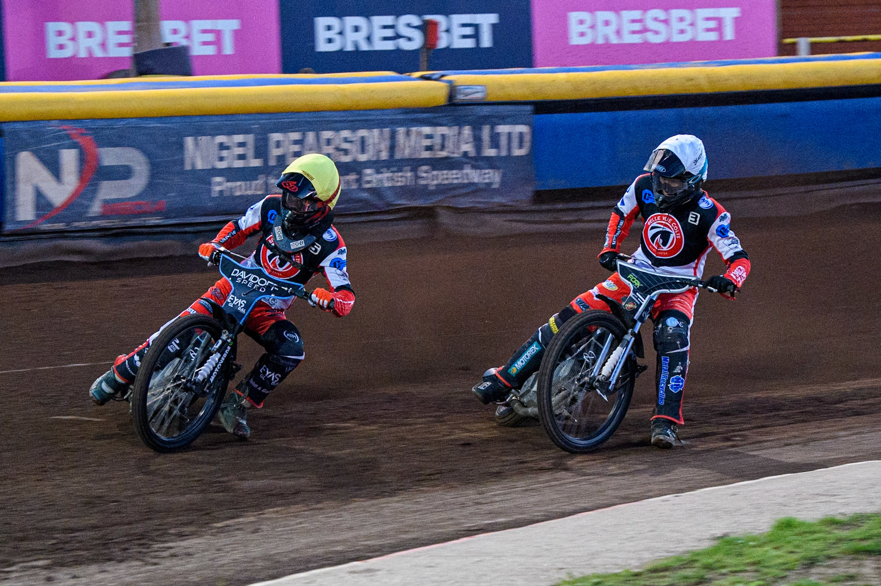Belle Vue Colts' Freddy Hodder in Yellow leading team mate Matt Marson in White during the WSRA National Development League match between Sheffield Tiger Cubs and Belle Vue Colts at Owlerton Stadium, Sheffield on Thursday 12th September 2024. (Photo: Ian Charles | MI News)