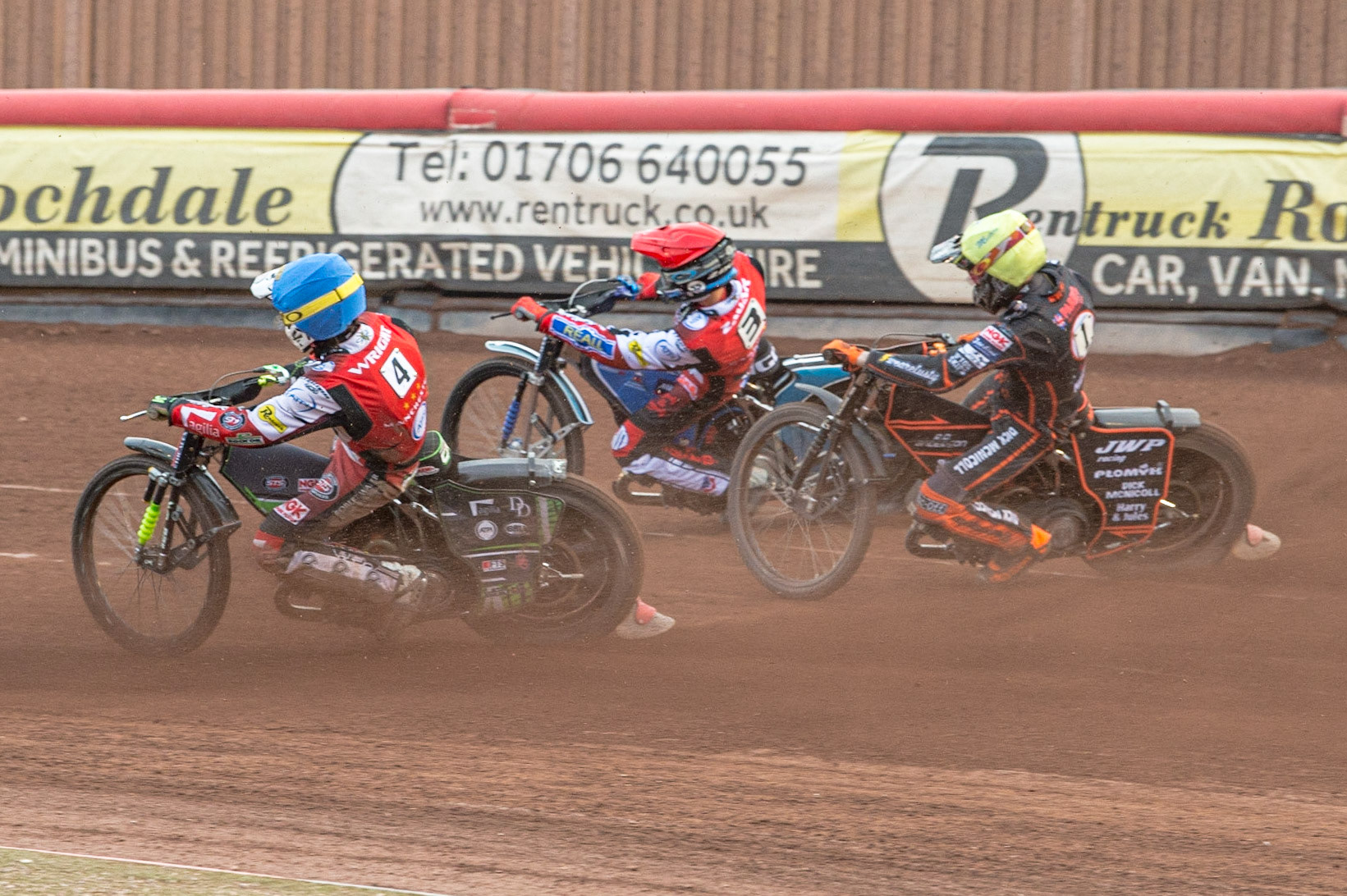 MANCHESTER, UK. JUN 13TH Charles Wright  (Blue) inside Sam Masters  (Yellow) and Matej Zagar  (Red) during the SGB Premiership match between Belle Vue Aces and Wolverhampton  Wolves at the National Speedway Stadium, Manchester on Monday 13th June 2022. (Credit: Ian Charles | MI News)