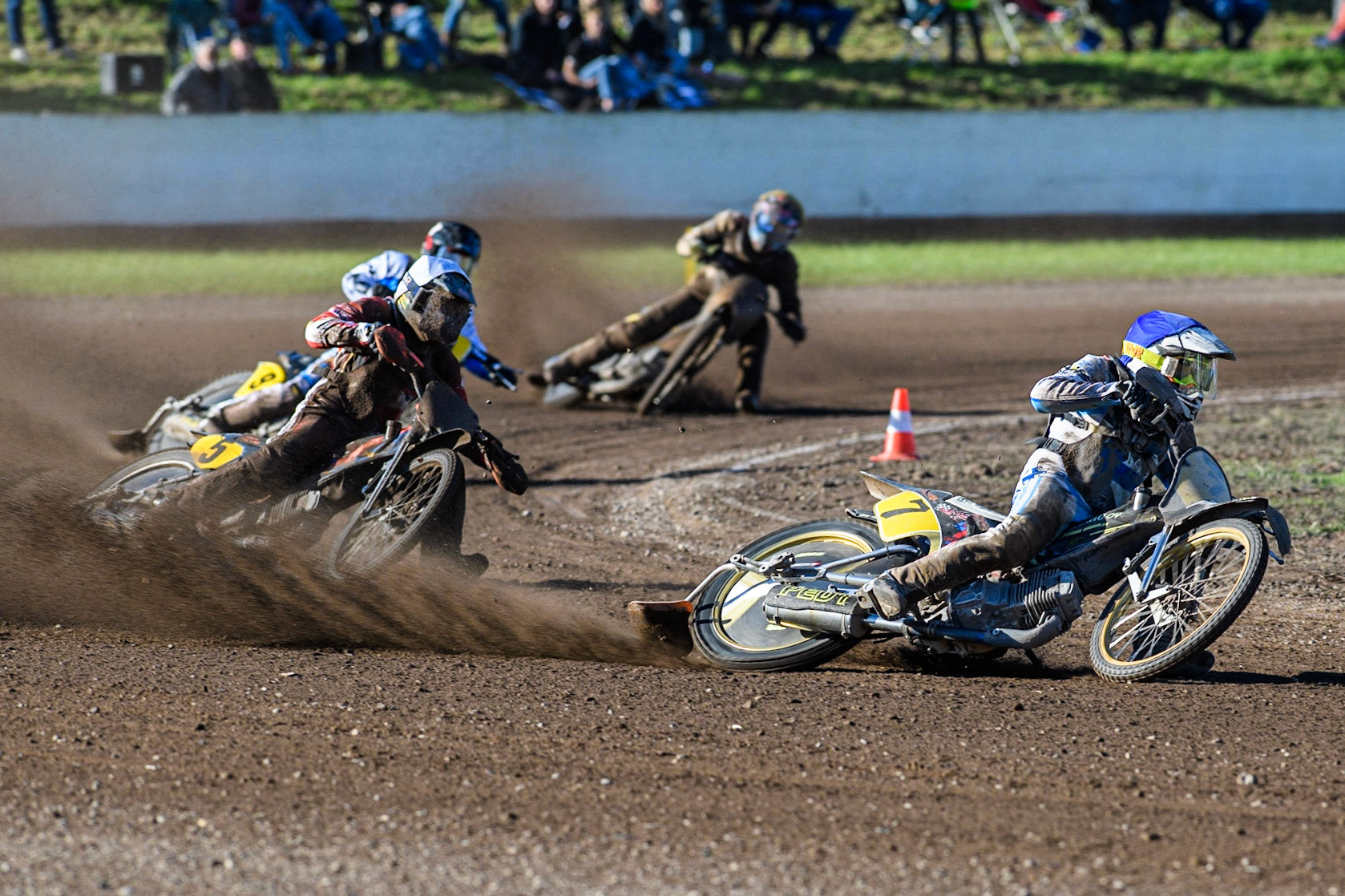 Tero Aarnio (Blue) leads  Jacob Bukhave (White) during the FIM Long Track Of Nations event at the Speed Centre Roden on Sunday 24th September 2023. (Photo: Ian Charles | MI News)