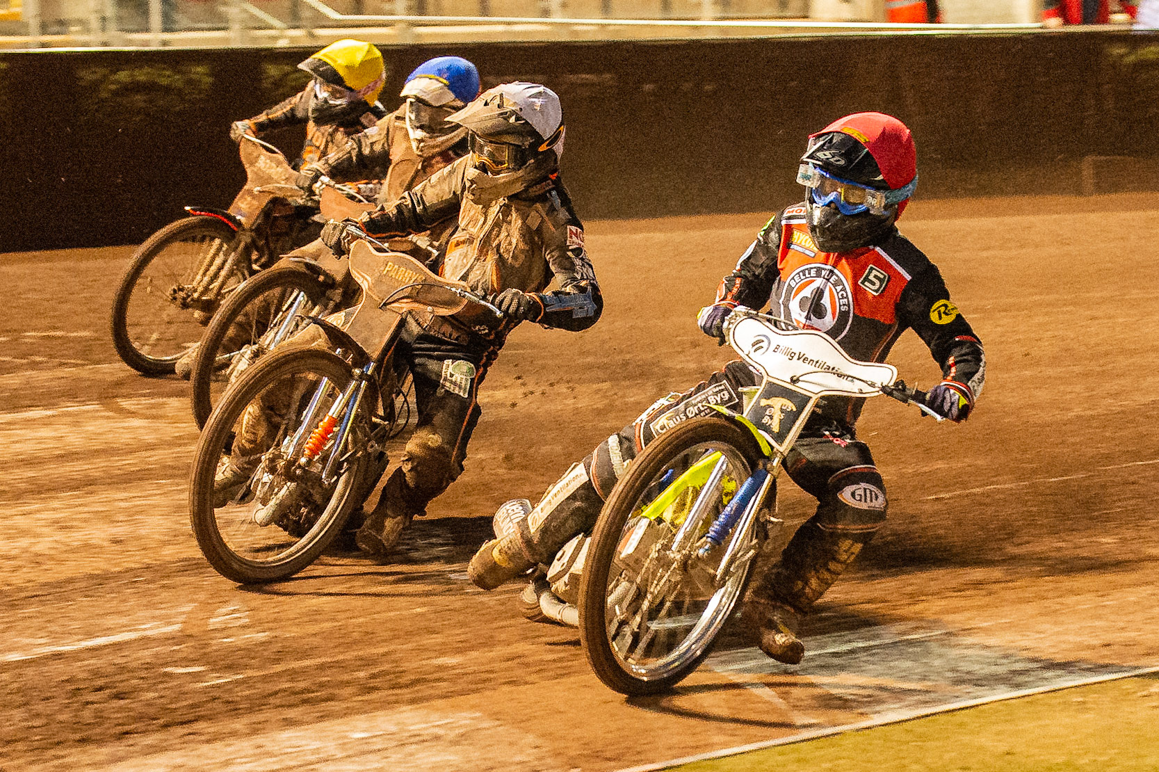 Photo by Ian Charles:

Kenneth Bjerre  (Red) inside Jacob Thorssell  (White) Jaimon Lidsey  (Blue) and Luke Becker  (Yellow)

Belle Vue Aces v Wolverhampton Wolves, SGB Premiership, National Speedway Stadium, Manchester, Monday, 19, August, 2019