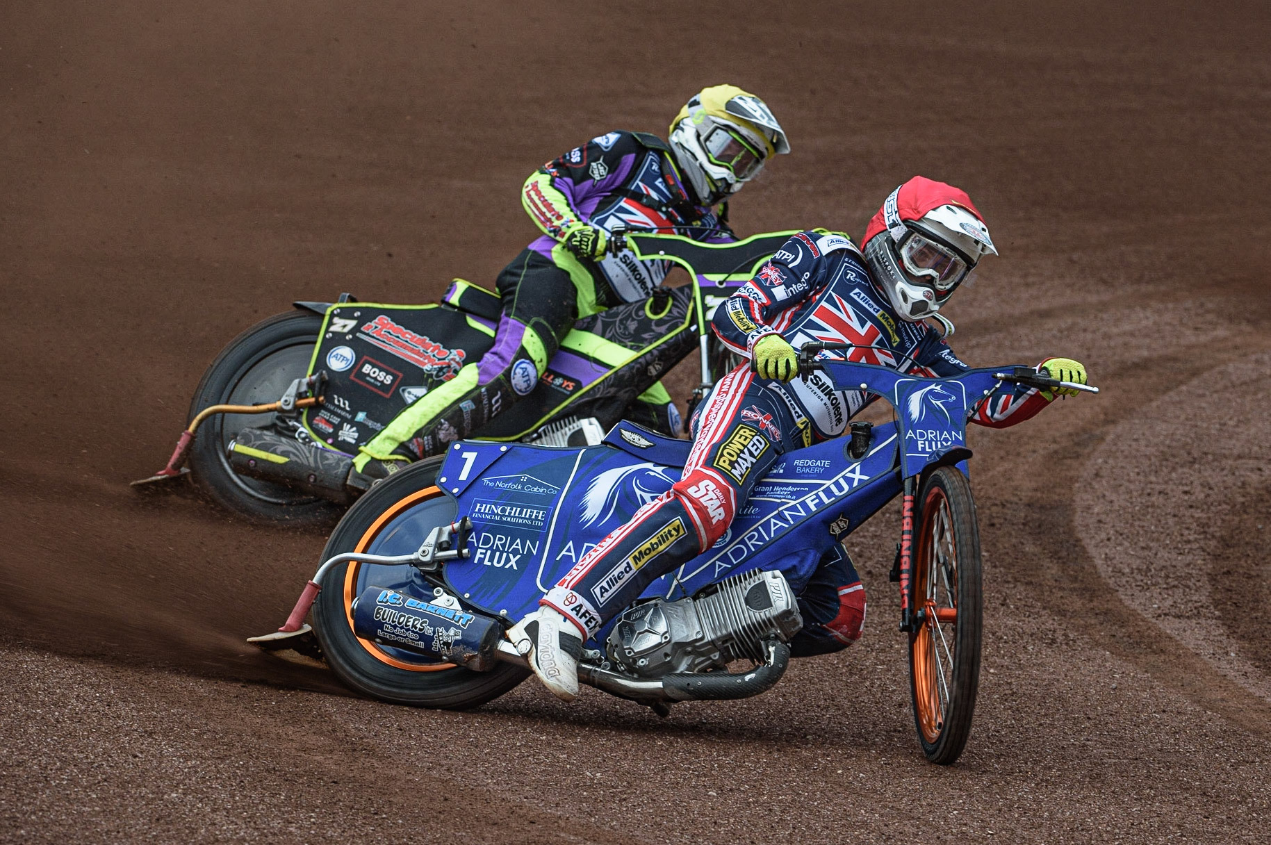 GLASGOW, UK. JUNE 19TH.  Lewis Kerr (Great Britain) (Red) leads Tom Brennan (Reserve) (Great Britain) (Yellow) during the FIM Speedway Grand Prix Qualifying Round at the Peugeot Ashfield Stadium, Glasgow on Saturday 19th June 2021. (Credit: Ian Charles | MI News)