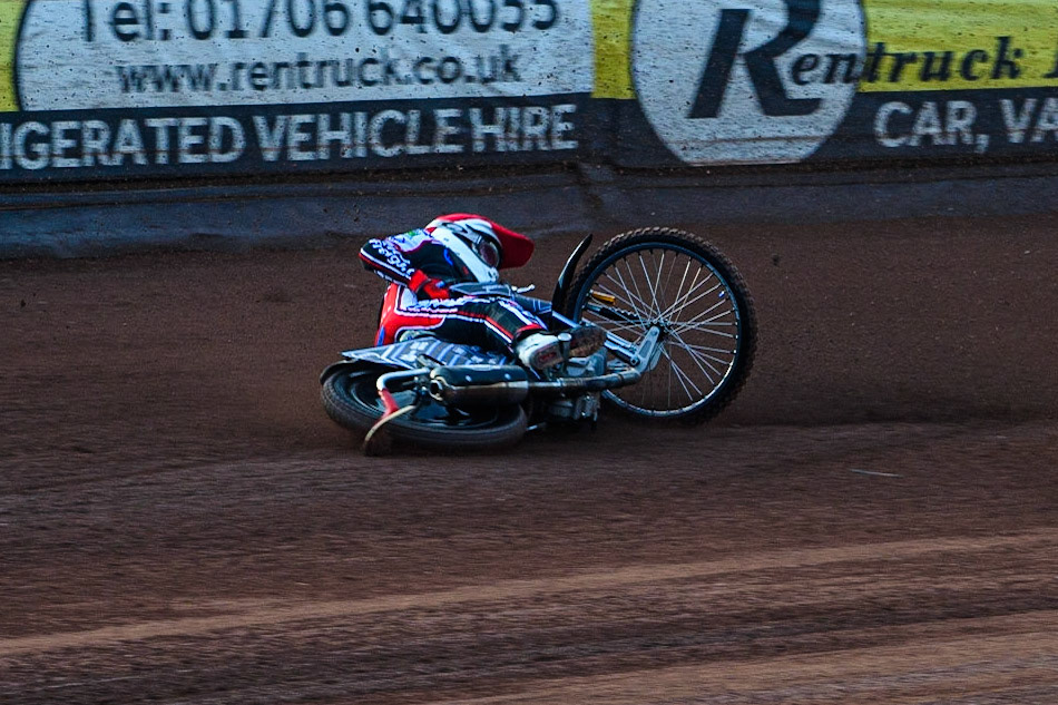 MANCHESTER, UK. JULY 23RD Sam McGurk   spins off during the National Development League match between Belle Vue Colts and Eastbourne Seagulls at the National Speedway Stadium, Manchester on Friday 23rd July 2021. (Credit: Ian Charles | MI News)