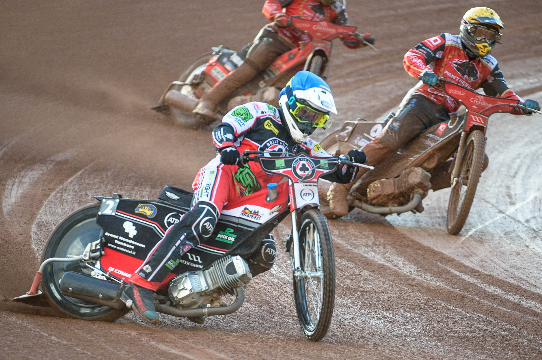 MANCHESTER, UK. AUG 9TH  Richie Worrall  (Blue) leads Bjarne Pedersen  (Yellow) during the SGB Premiership match between Belle Vue Aces and Peterborough at the National Speedway Stadium, Manchester on Monday 9th August 2021. (Credit: Ian Charles | MI News)