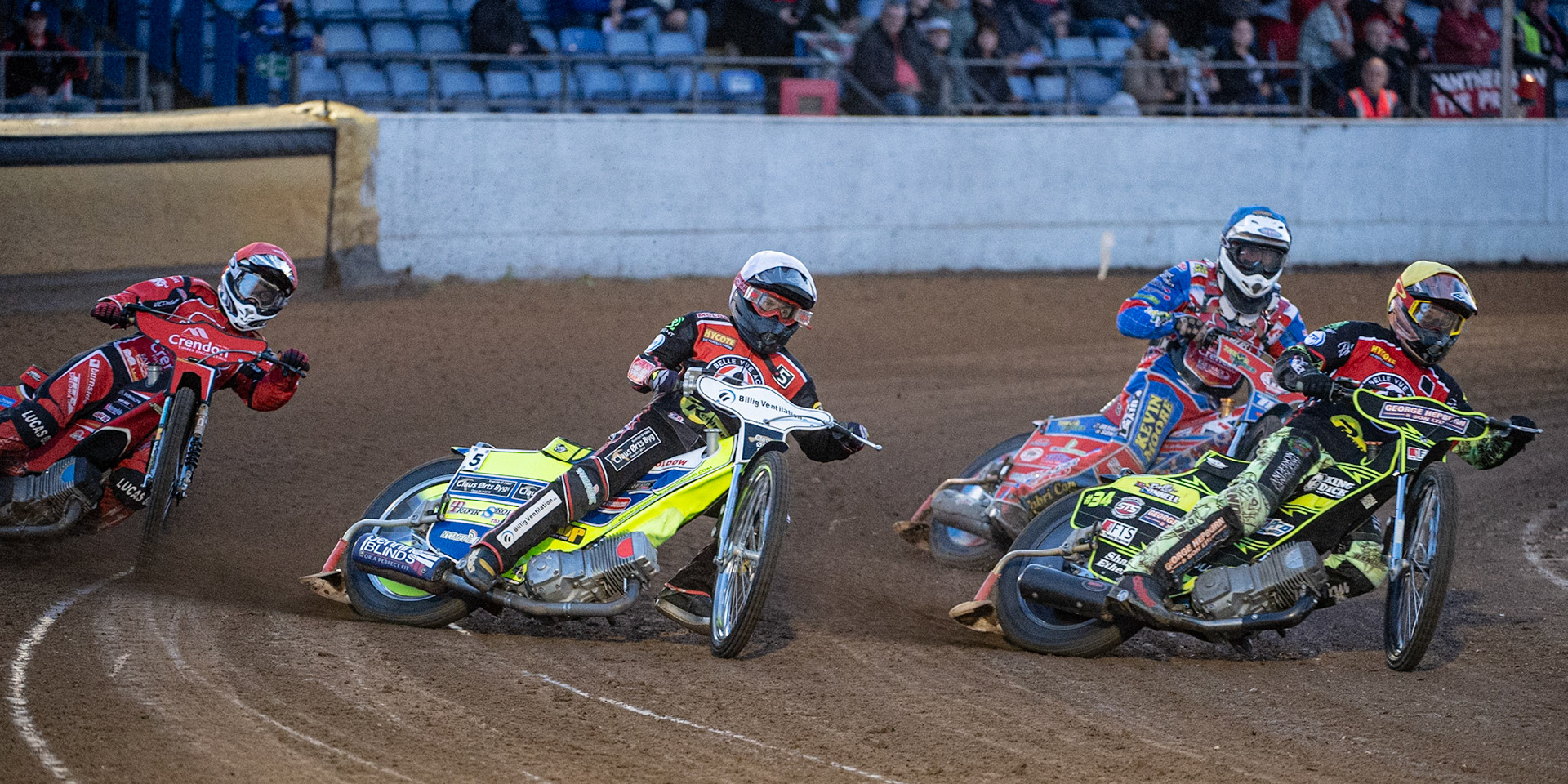 Photo by Ian Charles:

 Belle Vue Aces ‘ Jye Etheridge  (Yellow) and Kenneth Bjerre  (White) leads Rohan Tungate  (Red) and Simon Lambert (Blue)

Peterborough Panthers v Belle Vue Aces, British Speedway Premiership, Thursday, 5, September, 2019