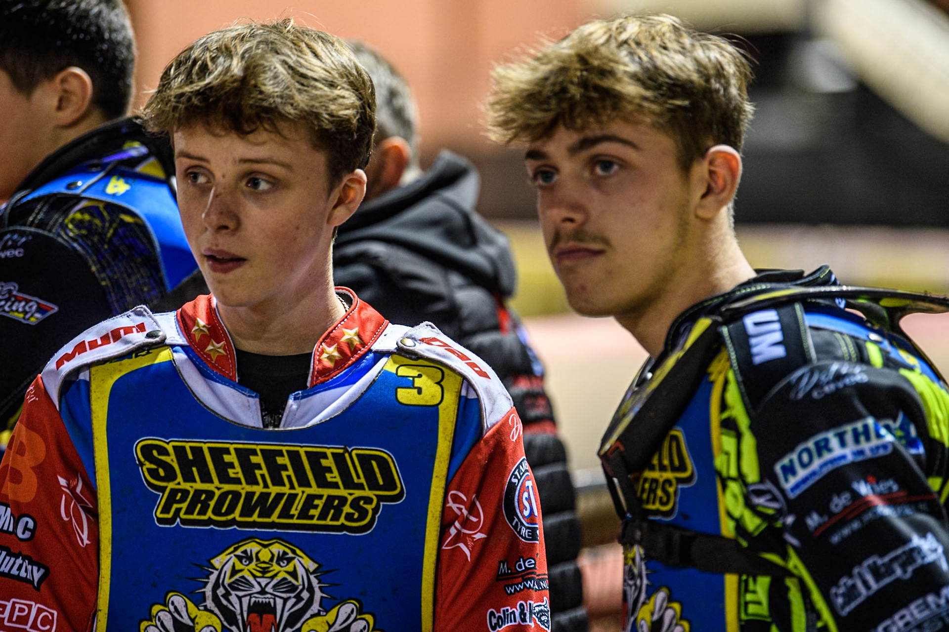 Sheffield Cubs' Stene Pijper (Left) with his brother Ace Pijper during the WSRA National Development League match between Belle Vue Colts and Sheffield Tiger Cubs at the National Speedway Stadium, Manchester on Monday 7th October 2024. (Photo: Ian Charles | MI News)