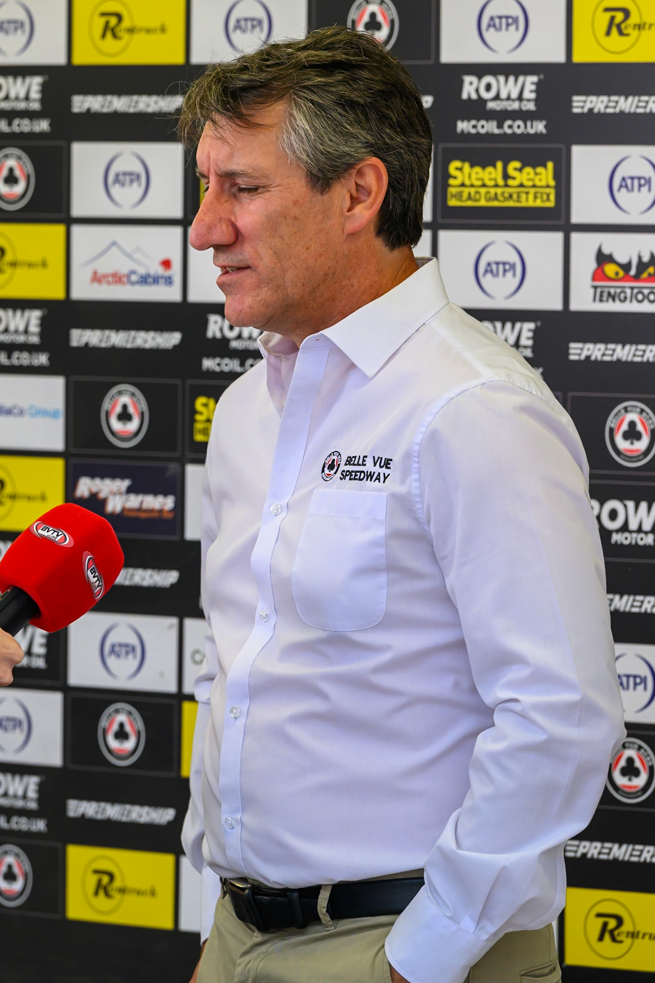 Mark Lemon, Team Manager of Belle Vue Aces is interviewed by BVTV during the Rowe Motor Oil Premiership match between Belle Vue Aces and King's Lynn Stars at the National Speedway Stadium, Manchester on Monday 29th June 2026. (Photo: Ian Charles | MI News)