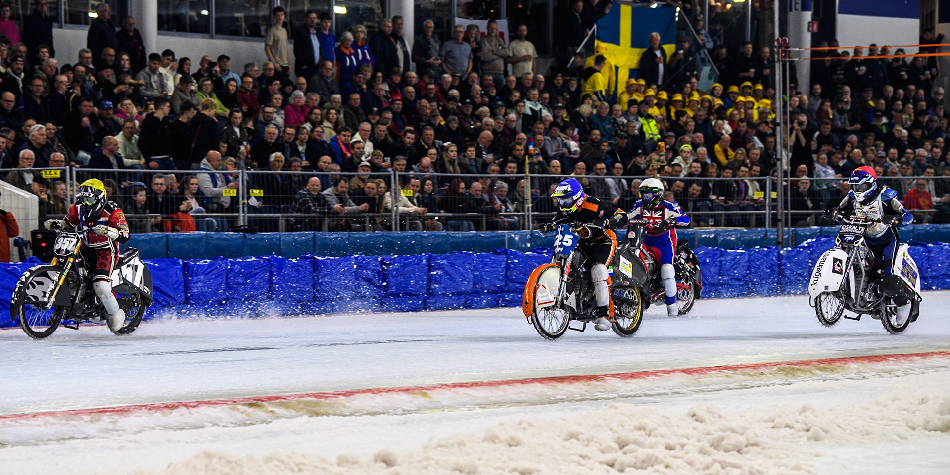 (L to R) Jo Saetre of Norway in Yellow leading Sebastian Reitsma of The Netherlands in Blue, Reinhard Greisel of Germany in Red and Rob Irving of Great Britain in White during the Roelof Thijs Bokaal, Ice Rink Thialf, Heerenveen, Netherlands on Friday 4th April 2025. (Photo: Ian Charles | MI News)