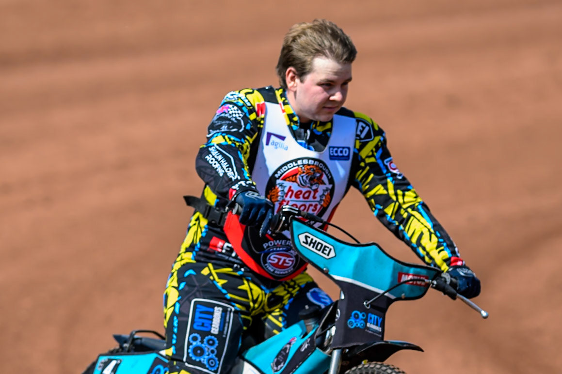 Jamie Halder of Middlesborough Tigers  on the parade lap  during the WSRA National Development League match between Belle Vue Colts and Middlesbrough Tigers at the National Speedway Stadium, Manchester on Sunday 10th August 2025. (Photo: Mark Fletcher | MI News)