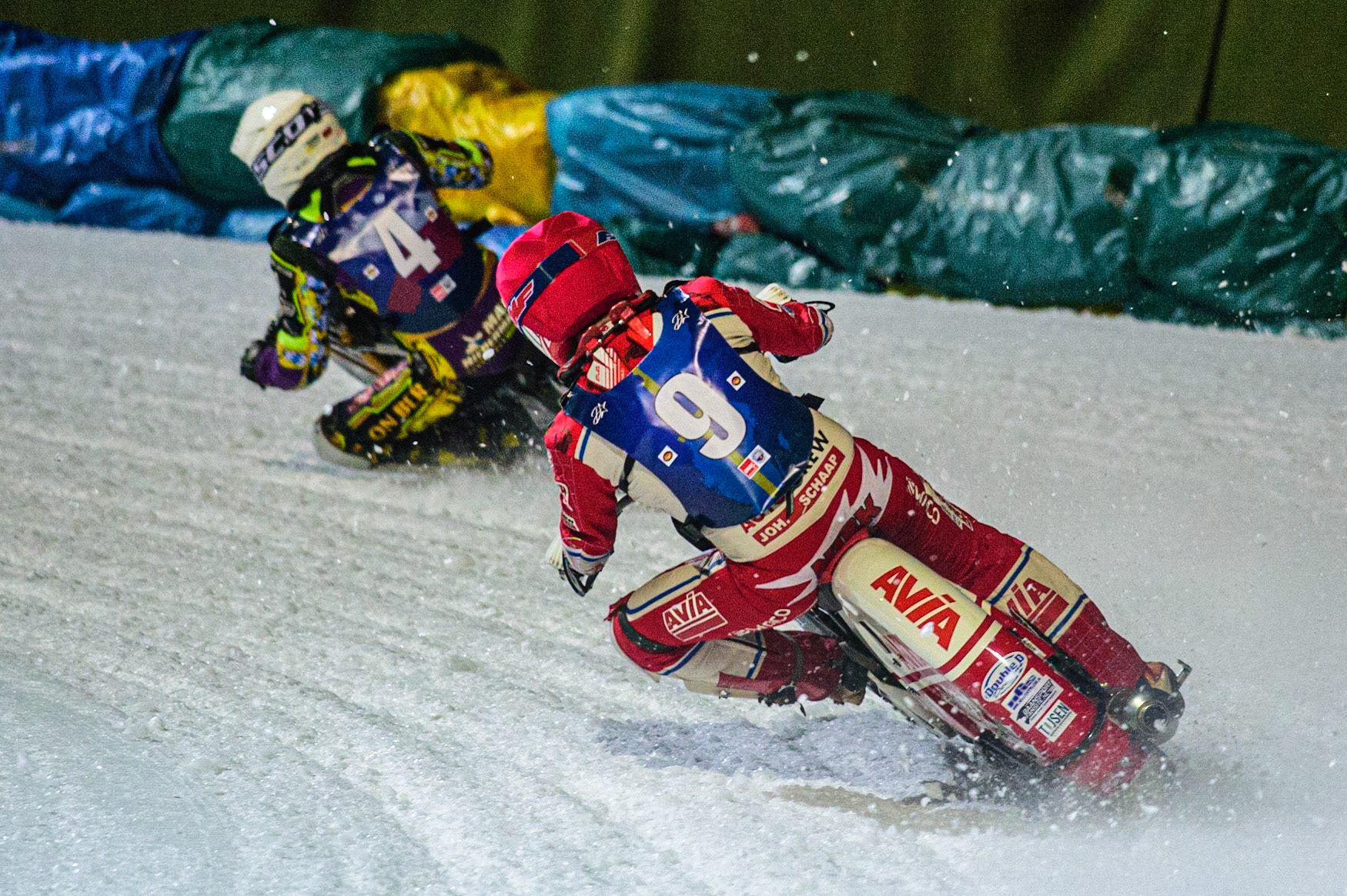 Niek Schaap (Red) chases Max Neidermaier (White) during the German Individual Ice Speedway Championship at Horst-Dohm-Eisstadion, Berlin on Friday 3rd March 2023. (Photo: Ian Charles | MI News)
