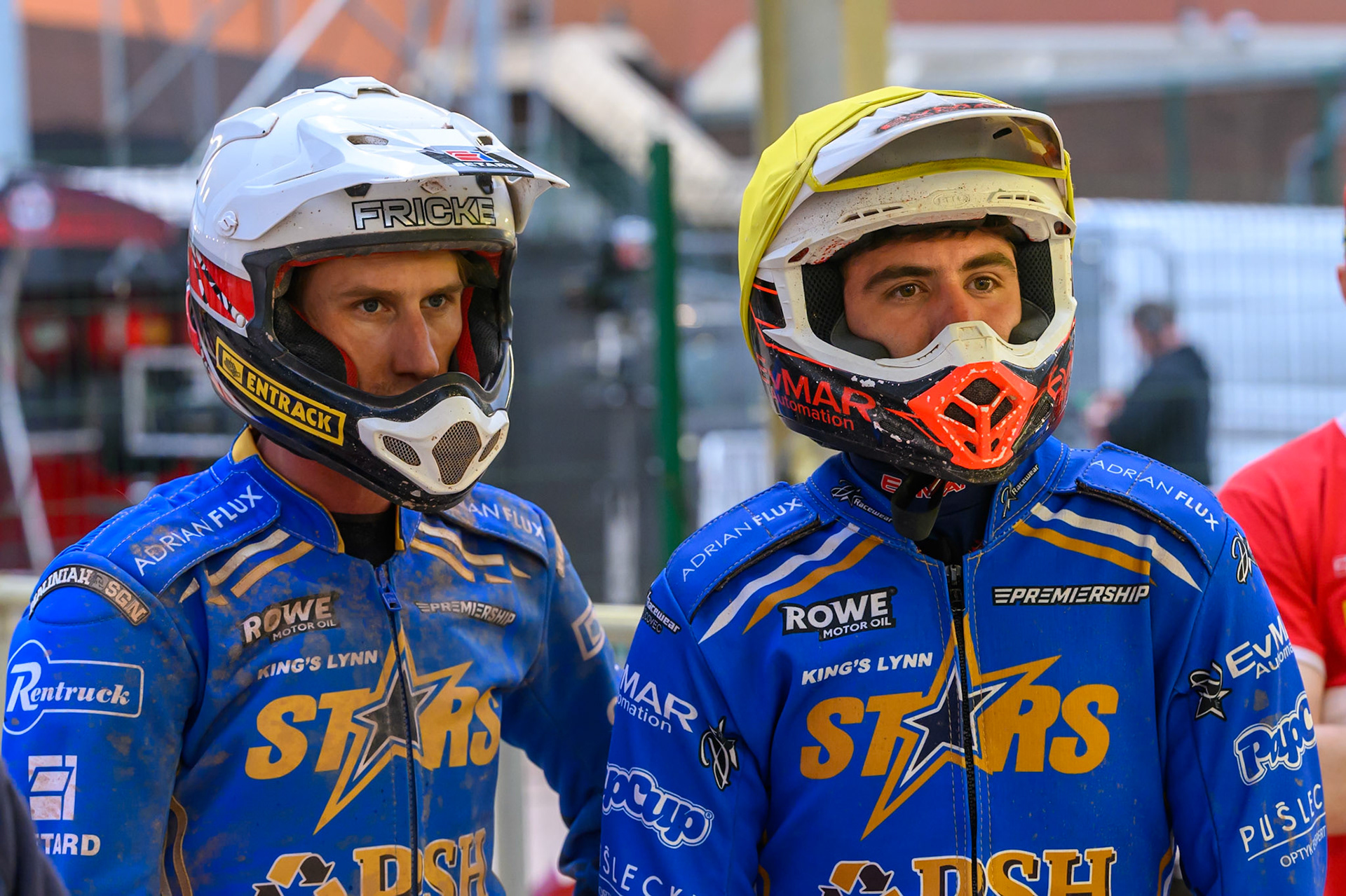 Max Fricke of Kings Lynn Stars (Left) and Jan Kvech of Kings Lynn Stars watch the replay on there TV monitor during the Rowe Motor Oil Premiership match between Belle Vue Aces and King's Lynn Stars at the National Speedway Stadium, Manchester on Monday 29th June 2026. (Photo: Ian Charles | MI News)