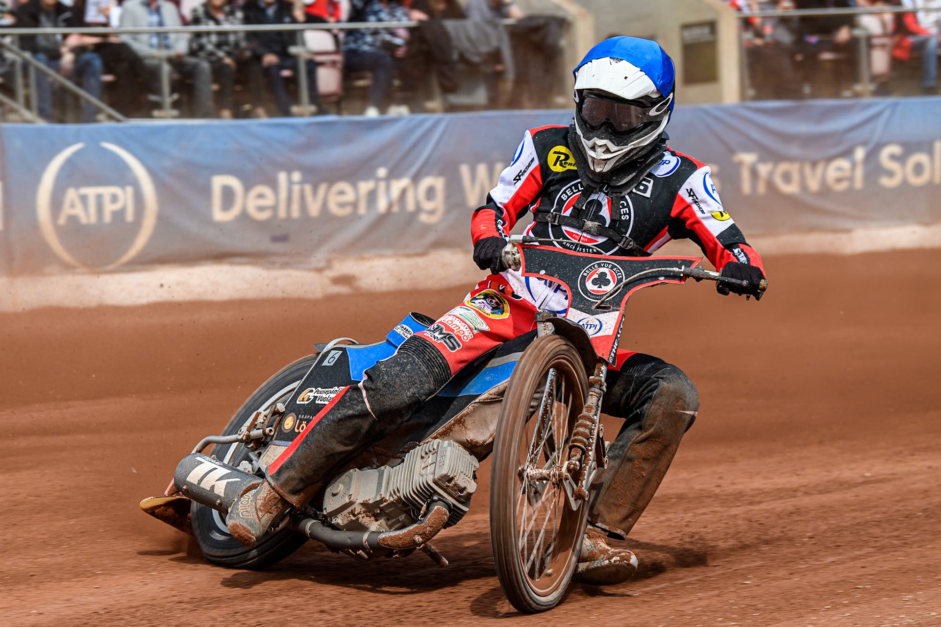 Belle Vue Aces' Antti Vuolas  in action during the Rowe Motor Oil Premiership match between Belle Vue Aces and Sheffield Tigers at the National Speedway Stadium, Manchester on Monday 26th August 2024. (Photo: Ian Charles | MI News)
