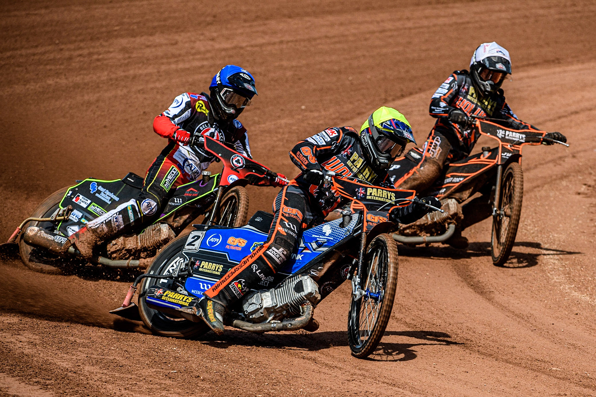 Steve Worrall (Yellow) leads Tom Brennan (Blue) and Sam Masters (White) during the Sports Insure Premiership match between Belle Vue Aces and Wolverhampton Wolves at the National Speedway Stadium, Manchester on Monday 29th May 2023. (Photo: Ian Charles | MI News)