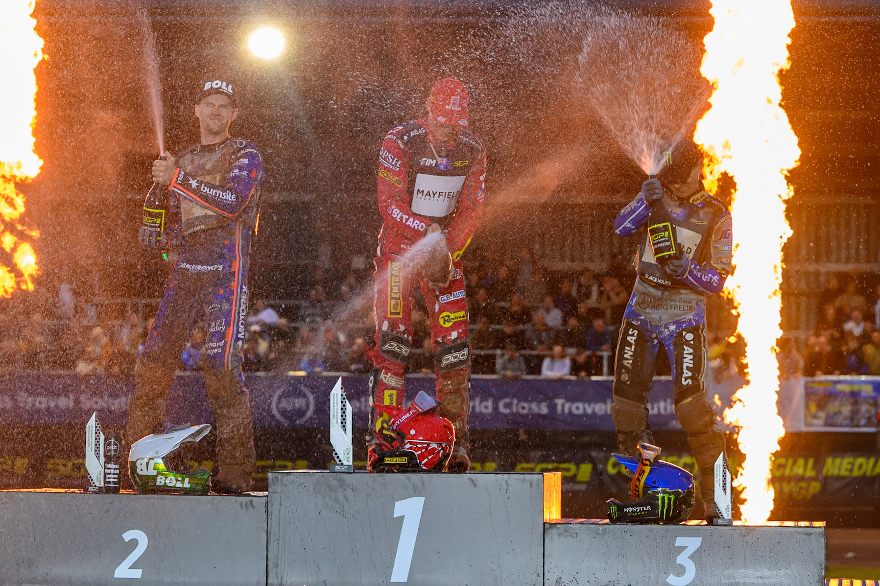 Champagne capers on the Rostrum during the ATPI  FIM Speedway GP of Manchester at the National Speedway Stadium, Manchester on Friday 5th June 2026. (Photo: Ian Charles | MI News)