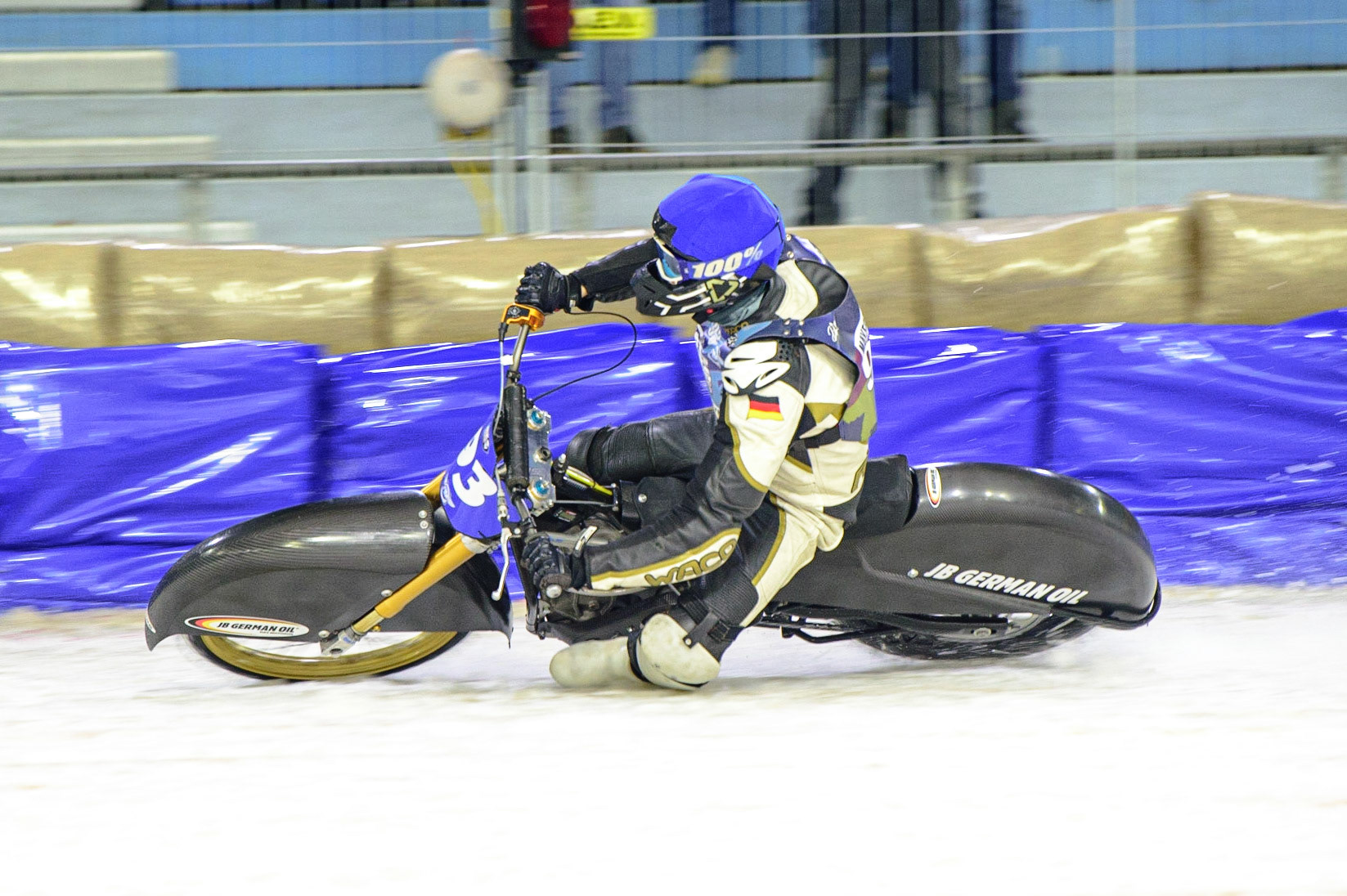 HEERENVEEN, NL.  Franz Mayerbüchler (93) in action during the FIM Ice Speedway Gladiators World Championship Final 4 at Ice Rink Thialf, Heerenveen on Sunday  3 April 2022. (Credit: Ian Charles | MI News)