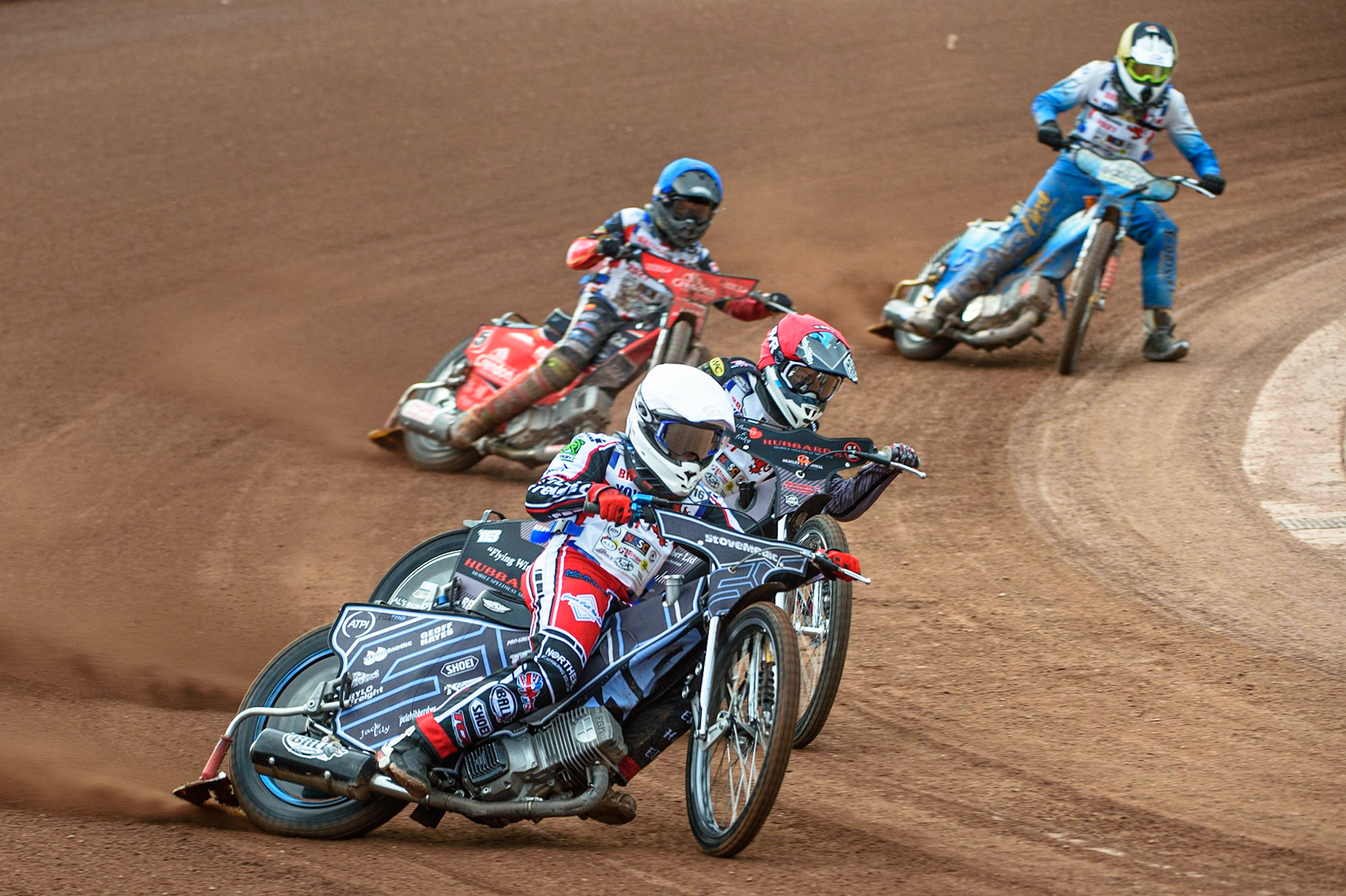 MANCHESTER, UK. MAY 28TH   Sam McGurk (White) leads Vinnie Foord (Red), Max Perry (Blue) and Callum Gill  (Yellow) during the British Junior Championship at the National Speedway Stadium, Manchester on Friday 28th May 2021. (Credit: Ian Charles | MI News)