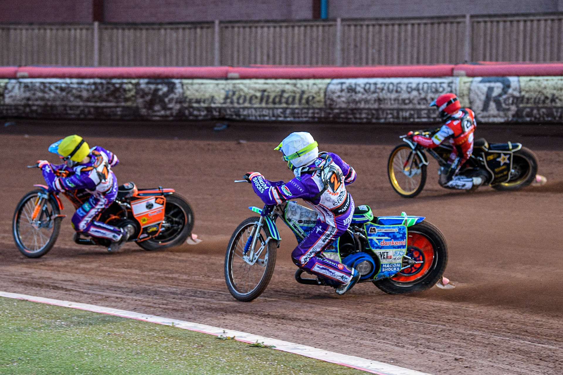 Jordan Jenkins  (Yellow) and Hans Andersen  (White) inside Norick Blodorn  (Red) during the SGB Premiership match between Belle Vue Aces and Peterborough at the National Speedway Stadium, Manchester on Monday 24th April 2023. (Photo: Ian Charles | MI News)