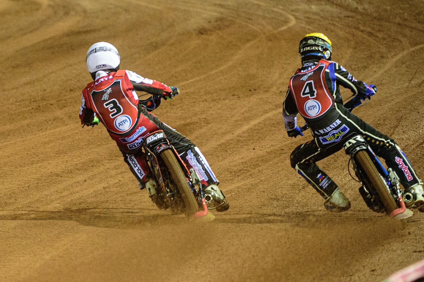 MANCHESTER, UK. MAR 21ST. Matej Žagar  (Yellow) outside Brady Kurtz (White) during the ATPI Peter Craven Memorial Trophy at the National Speedway Stadium, Manchester on Monday 21st March 2022. (Credit: Ian Charles | MI News)