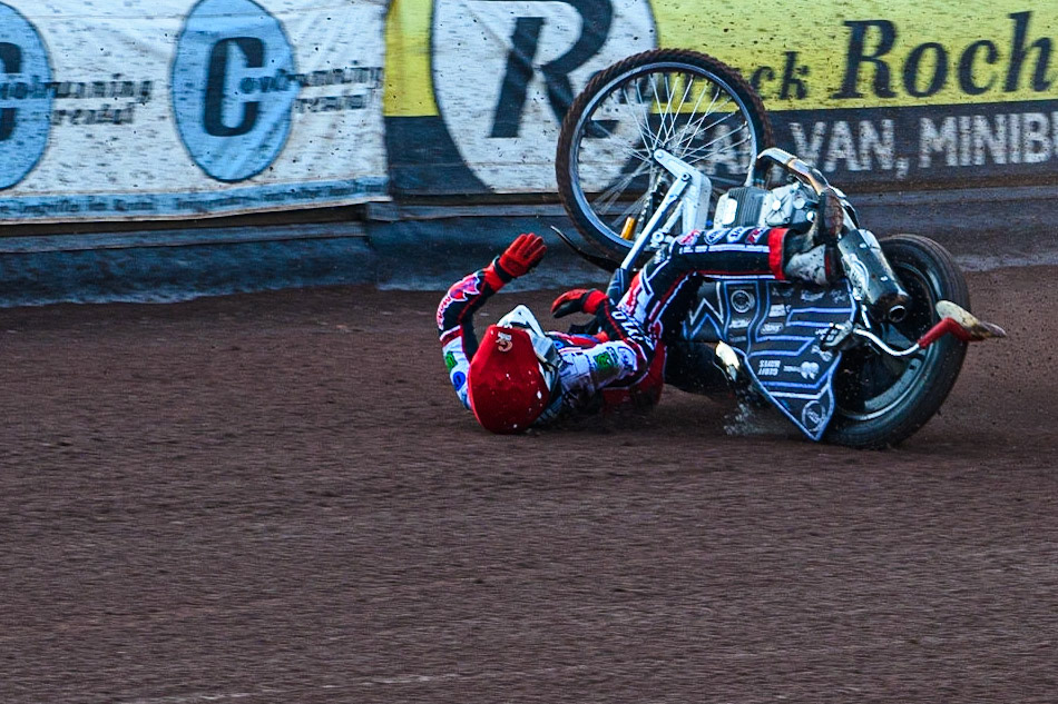 MANCHESTER, UK. JULY 23RD Sam McGurk   spins off during the National Development League match between Belle Vue Colts and Eastbourne Seagulls at the National Speedway Stadium, Manchester on Friday 23rd July 2021. (Credit: Ian Charles | MI News)