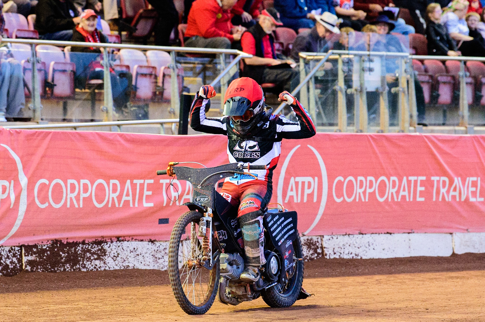 Jack Smith  celebrates his hard fought win in Heat 11during the National Development League match between Belle Vue Aces and Leicester Lions at the National Speedway Stadium, Manchester on Friday 19th August 2022. (Credit: Ian Charles | MI News)