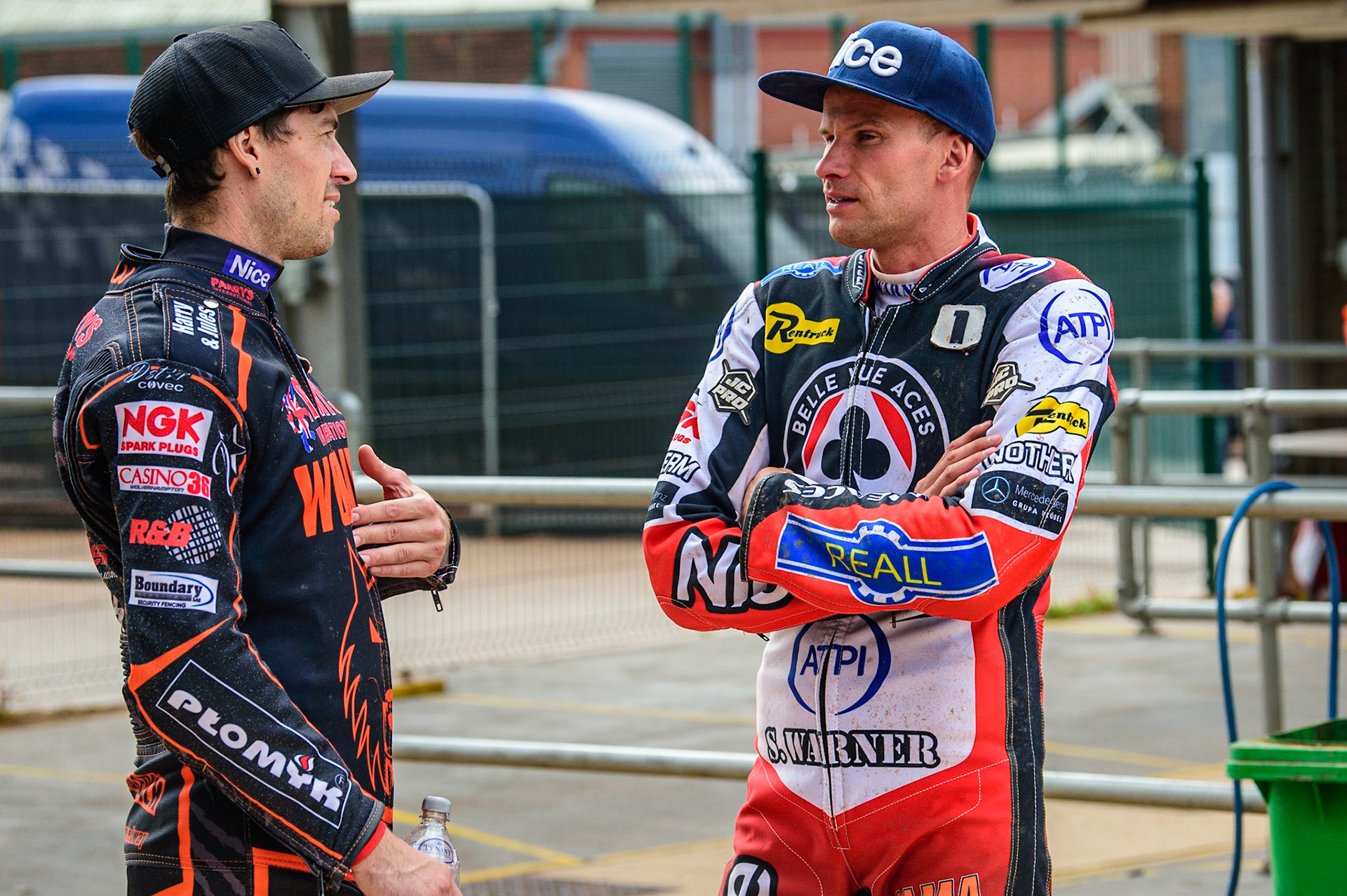 Sam Masters  (left) chats with Matej Zagar   during the SGB Premiership match between Belle Vue Aces and Wolverhampton Wolves at the National Speedway Stadium, Manchester on Monday 29th August 2022. (Credit: Ian Charles | MI News)