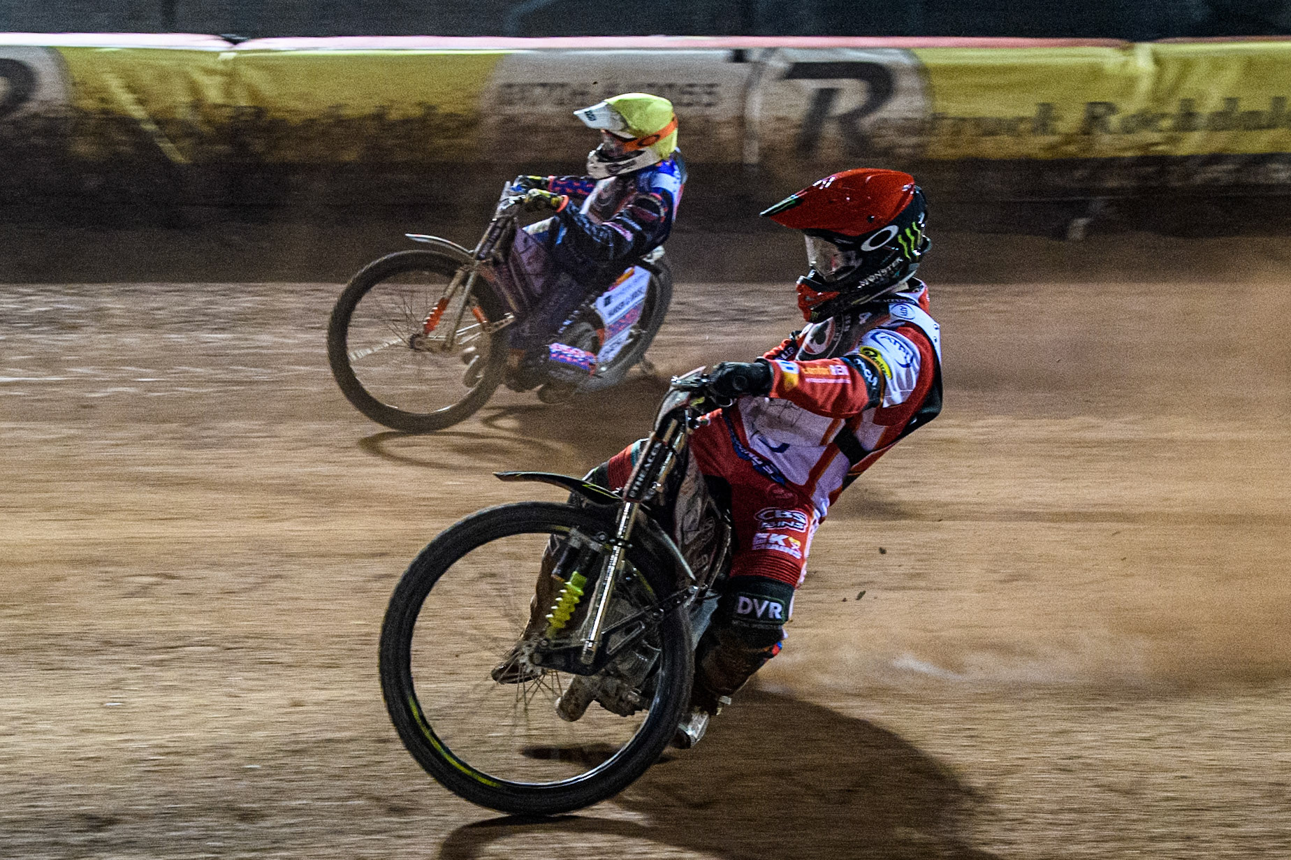 Jaimon Lidsey in Red rides inside Niels-Kristian Iversen in Yellow during the Peter Craven Memorial Trophy at the National Speedway Stadium, Manchester on Monday 17th March 2025. (Photo: Ian Charles | MI News)