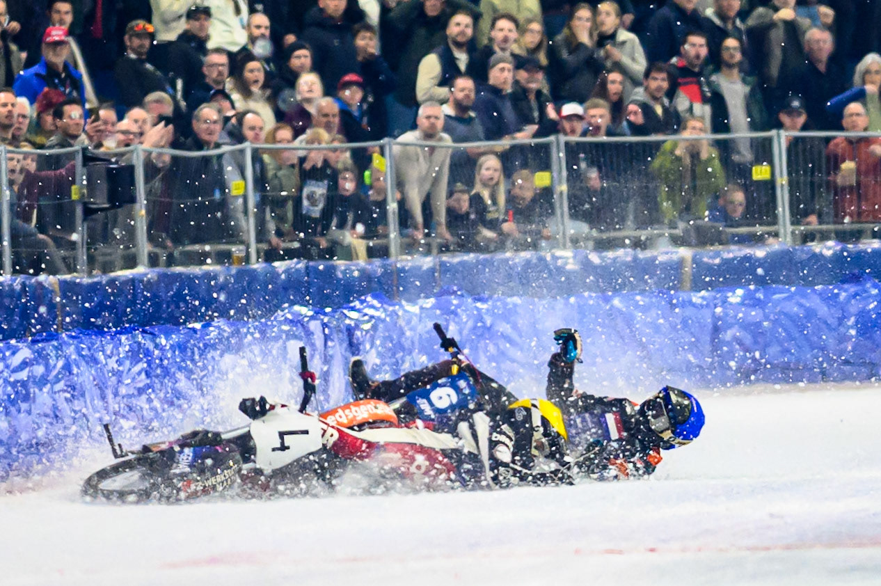 Martin Posch (4) of Austria  falls in the path of Sebastian Reitsma (6) of The Netherlands  who was unable to avoid crashing into him and his bike during the FIM Ice Speedway Of Nations at Ice Rink Thialf, Heerenveen on Sunday 12th April 2026. (Photo: Ian Charles | MI News)