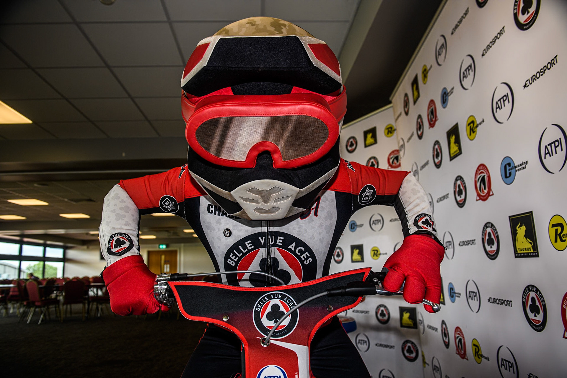 Belle Vue ATPI Aces mascot Chase The Ace during the Rowe Motor Oil Premiership match between Belle Vue Aces and Sheffield Tigers at the National Speedway Stadium, Manchester on Monday 27th May 2024. (Photo: Ian Charles | MI News)