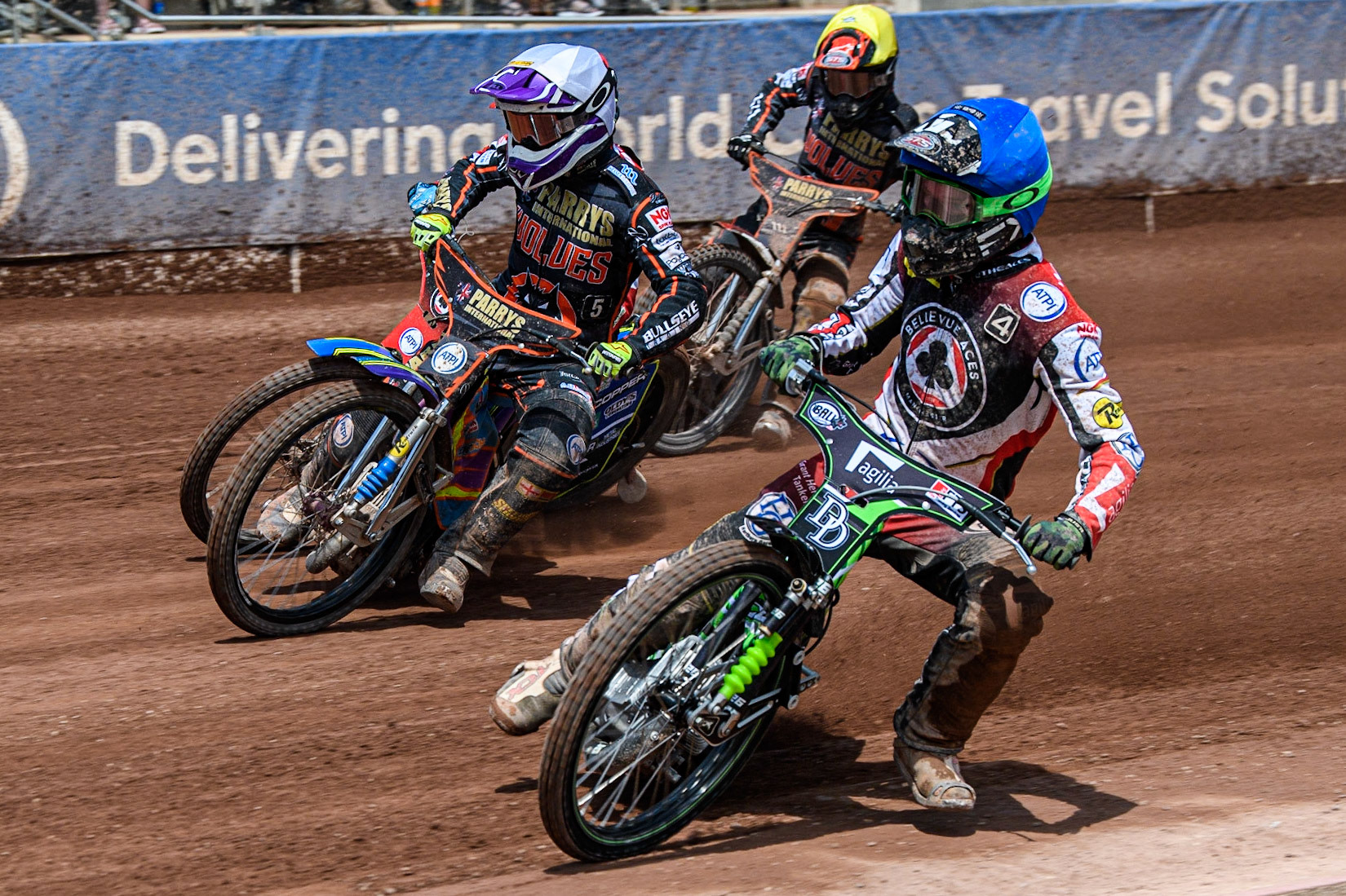 Charles Wright (Blue) inside Rory Schlein (White)  Jaimon Lidsey (Red) and Zach Cook (Yellow) during the Sports Insure Premiership match between Belle Vue Aces and Wolverhampton Wolves at the National Speedway Stadium, Manchester on Monday 29th May 2023. (Photo: Ian Charles | MI News)