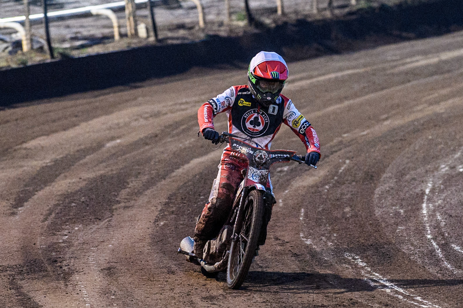 Belle Vue Aces' Dan Bewley   pulls up after his engine failure during the Rowe Motor Oil Premiership match between Sheffield Tigers and Belle Vue Aces at Owlerton Stadium, Sheffield on Monday 26th August 2024. (Photo: Ian Charles | MI News)